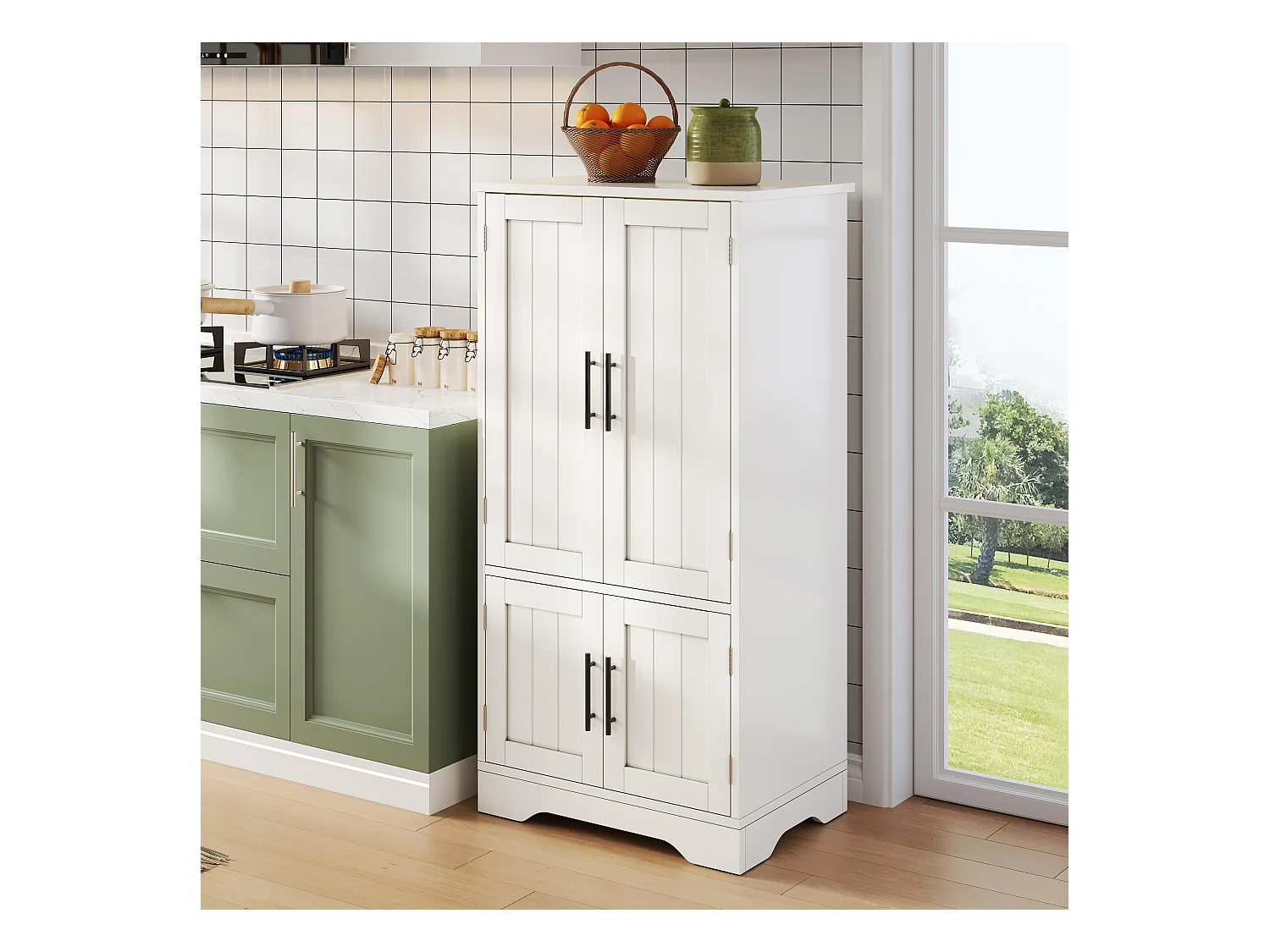 Buffet de cuisine haut - 60 x 40 x 120 cm - avec Leds + 4 portes avec étagères réglables et étagères de porte - MDF - blanc