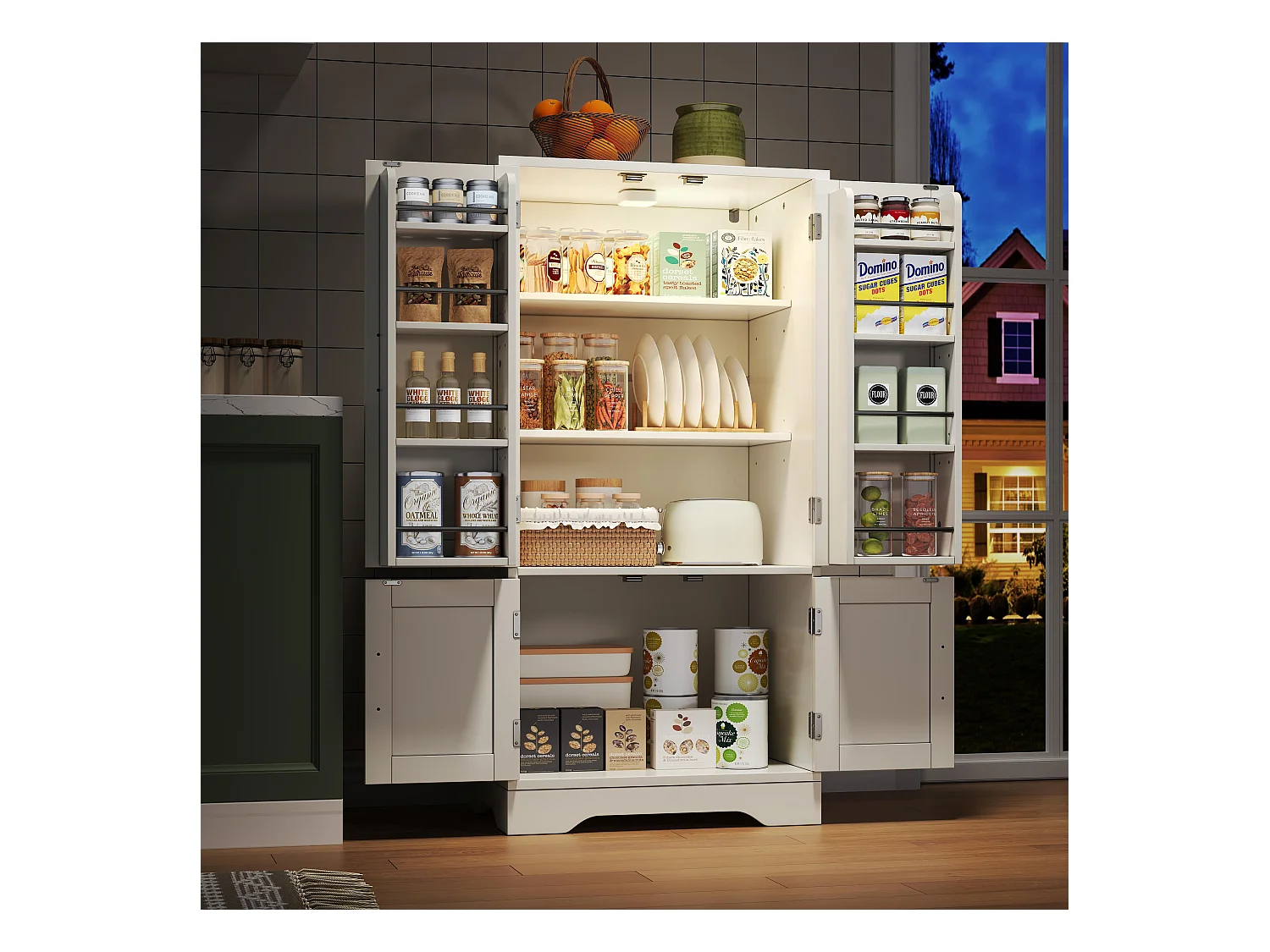 Buffet de cuisine haut - 60 x 40 x 120 cm - avec Leds + 4 portes avec étagères réglables et étagères de porte - MDF - blanc