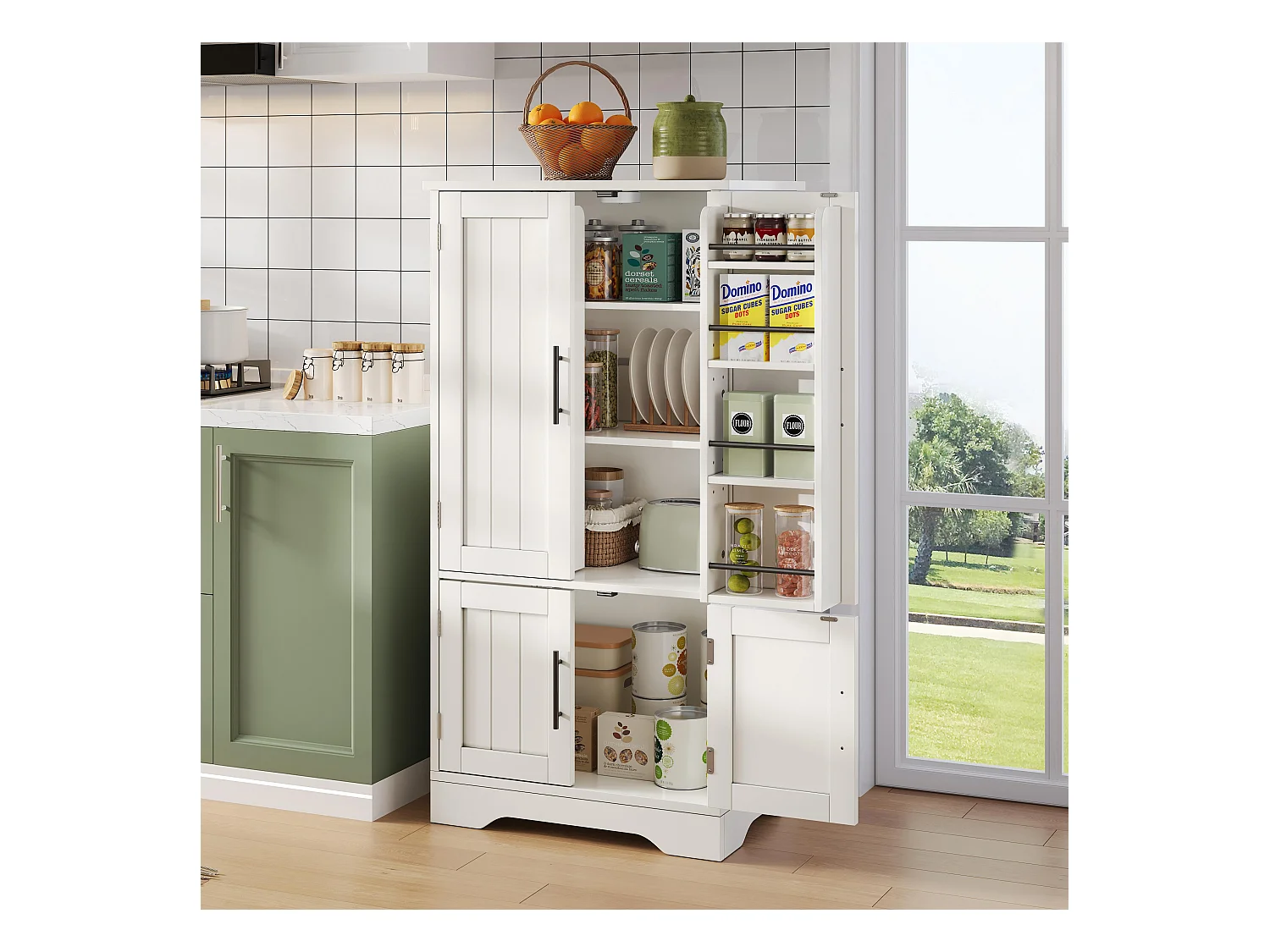 Buffet de cuisine haut - 60 x 40 x 120 cm - avec Leds + 4 portes avec étagères réglables et étagères de porte - MDF - blanc