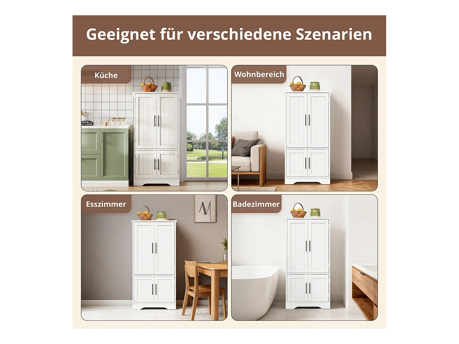 Buffet de cuisine haut - 60 x 40 x 120 cm - avec Leds + 4 portes avec étagères réglables et étagères de porte - MDF - blanc