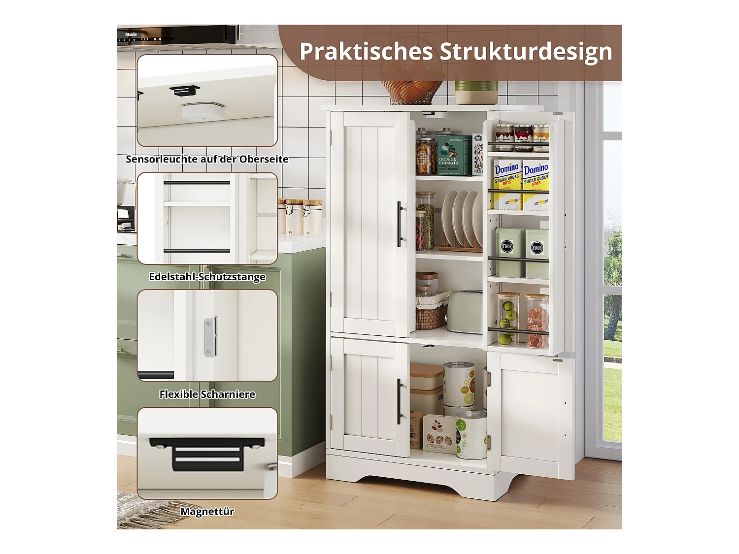 Buffet de cuisine haut - 60 x 40 x 120 cm - avec Leds + 4 portes avec étagères réglables et étagères de porte - MDF - blanc