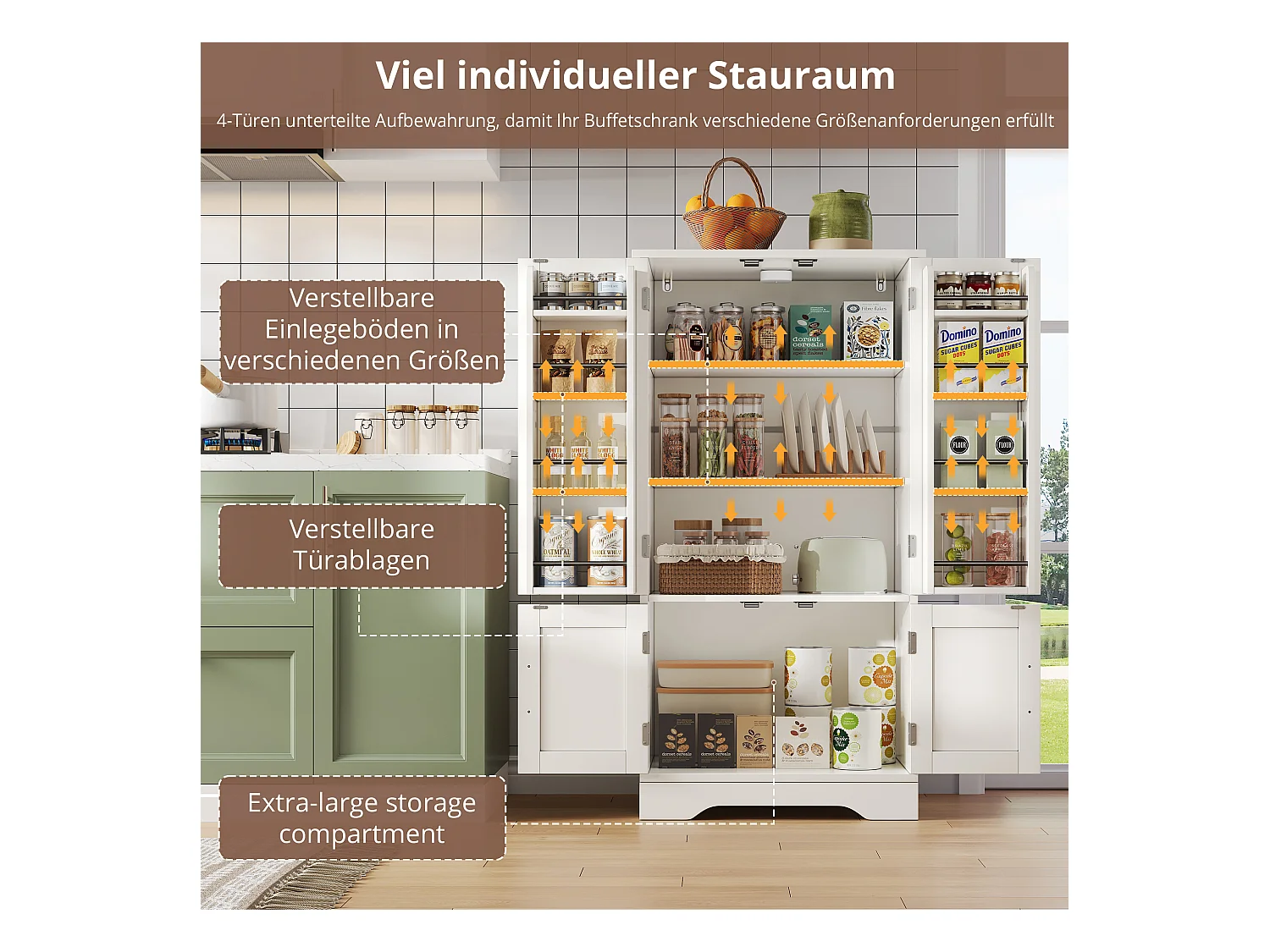 Buffet de cuisine haut - 60 x 40 x 120 cm - avec Leds + 4 portes avec étagères réglables et étagères de porte - MDF - blanc