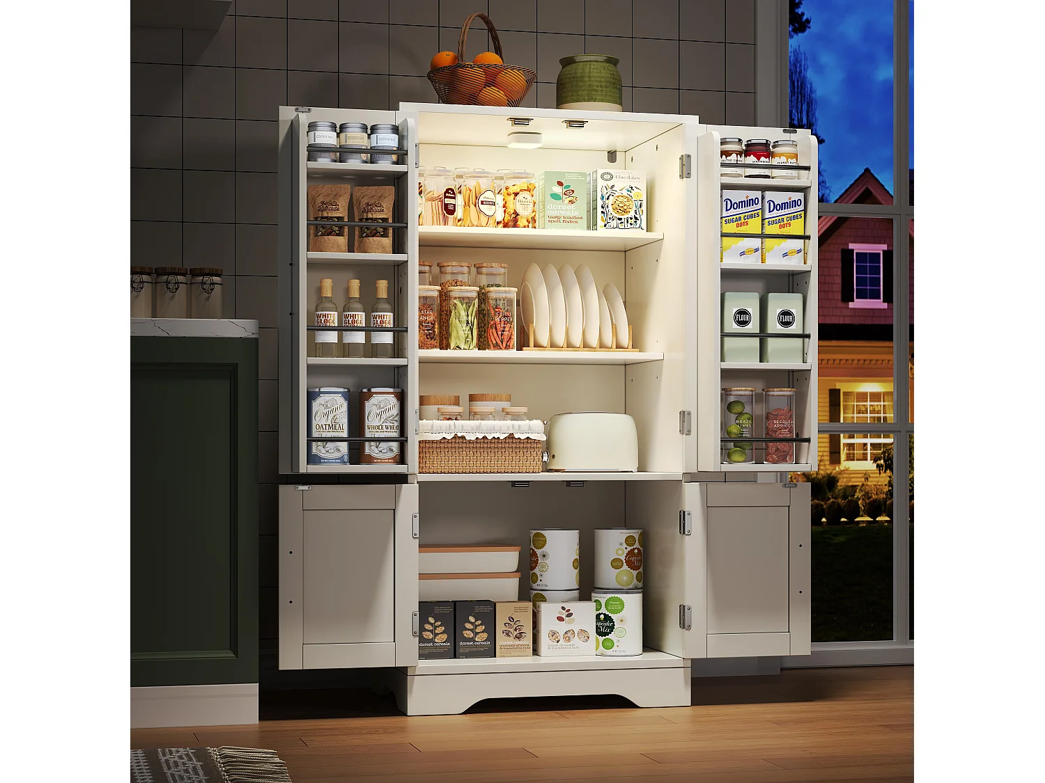 Buffet de cuisine haut - 60 x 40 x 120 cm - avec Leds + 4 portes avec étagères réglables et étagères de porte - MDF - blanc