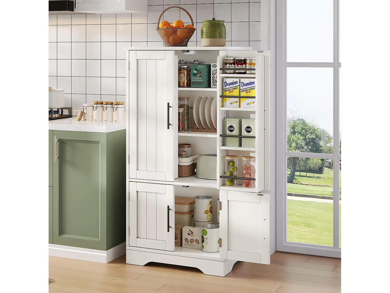 Buffet de cuisine haut - 60 x 40 x 120 cm - avec Leds + 4 portes avec étagères réglables et étagères de porte - MDF - blanc