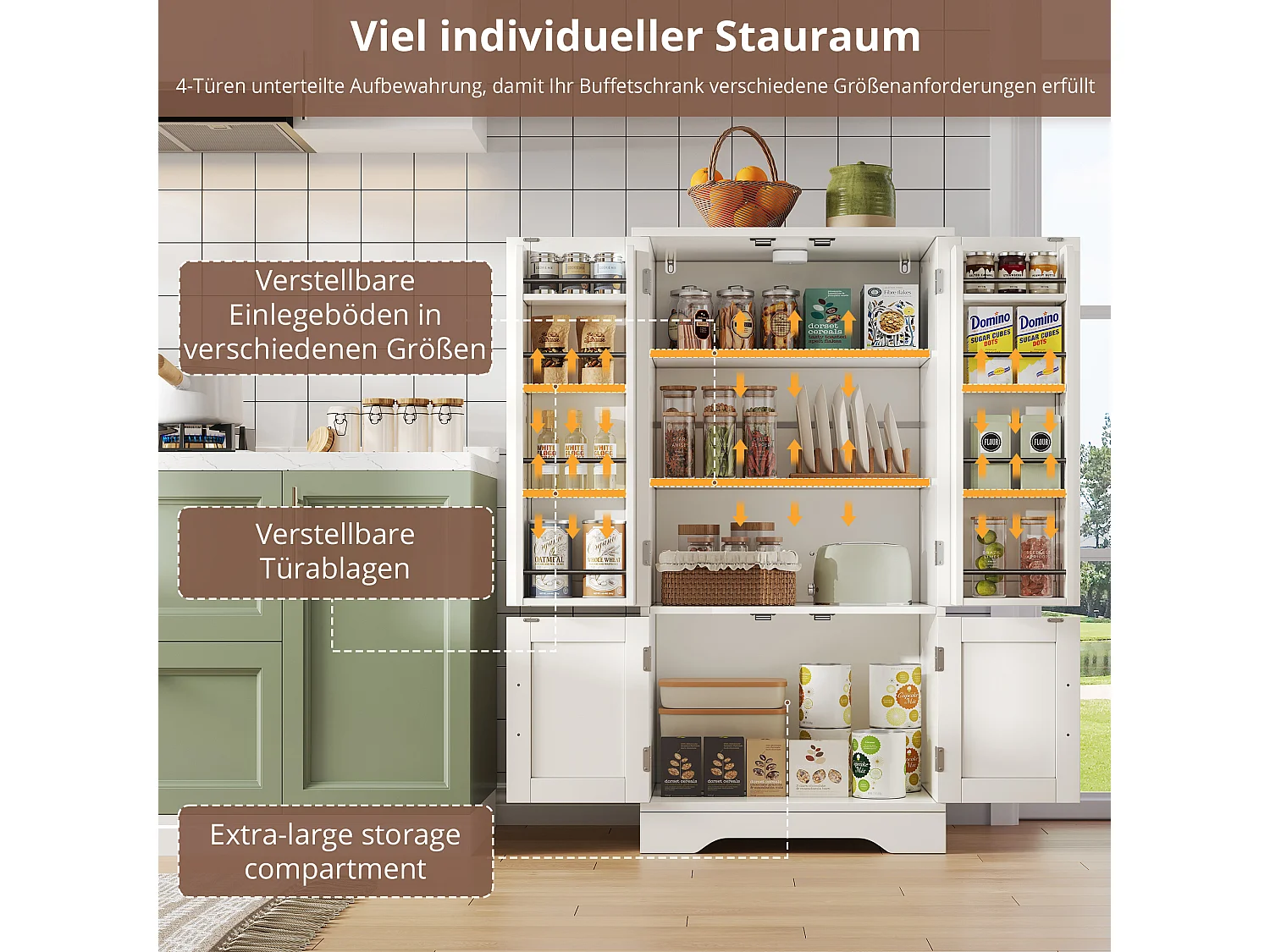 Buffet de cuisine haut - 60 x 40 x 120 cm - avec Leds + 4 portes avec étagères réglables et étagères de porte - MDF - blanc