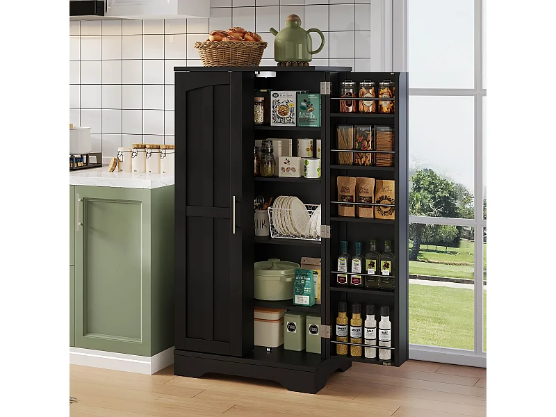 Buffet de cuisine haut - 60 x 40 x 120 cm - avec Leds + 2 portes avec étagères réglables et étagères de porte - MDF - noir