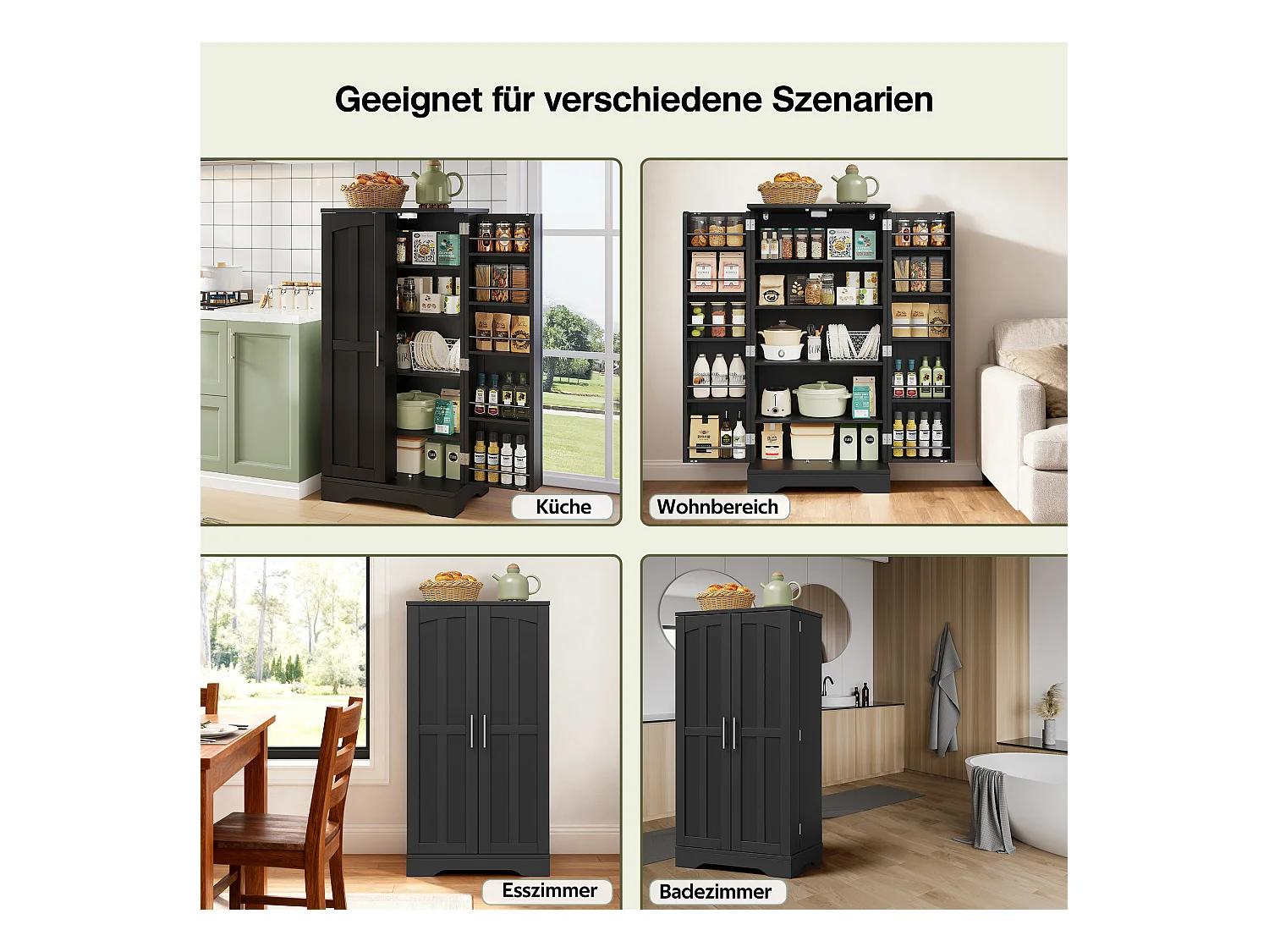 Buffet de cuisine haut - 60 x 40 x 120 cm - avec Leds + 2 portes avec étagères réglables et étagères de porte - MDF - noir