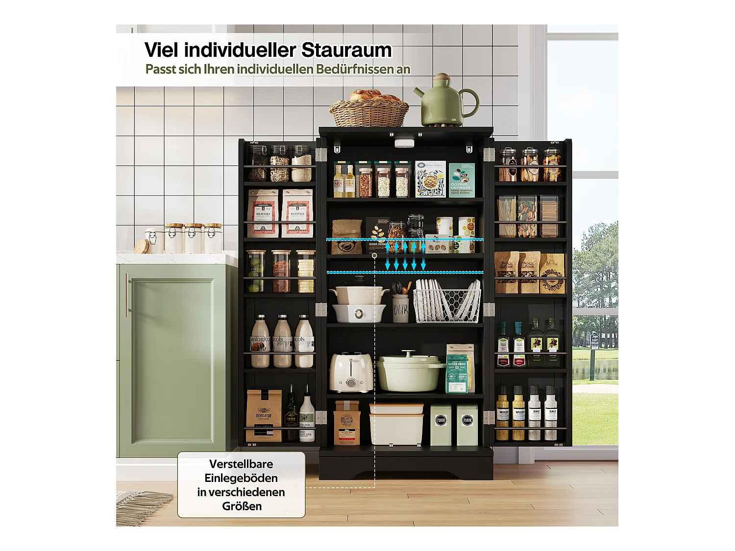 Buffet de cuisine haut - 60 x 40 x 120 cm - avec Leds + 2 portes avec étagères réglables et étagères de porte - MDF - noir