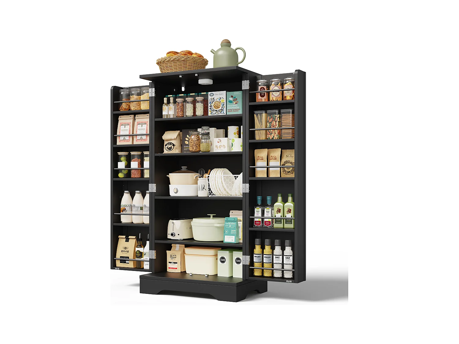 Buffet de cuisine haut - 60 x 40 x 120 cm - avec Leds + 2 portes avec étagères réglables et étagères de porte - MDF - noir