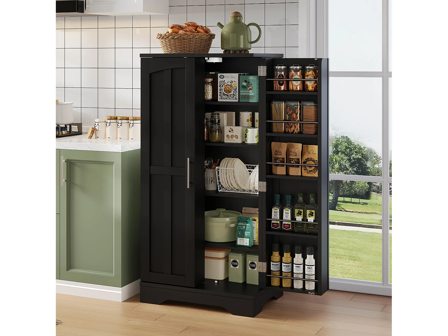 Buffet de cuisine haut - 60 x 40 x 120 cm - avec Leds + 2 portes avec étagères réglables et étagères de porte - MDF - noir