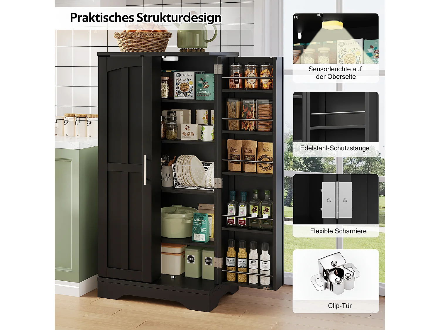 Buffet de cuisine haut - 60 x 40 x 120 cm - avec Leds + 2 portes avec étagères réglables et étagères de porte - MDF - noir