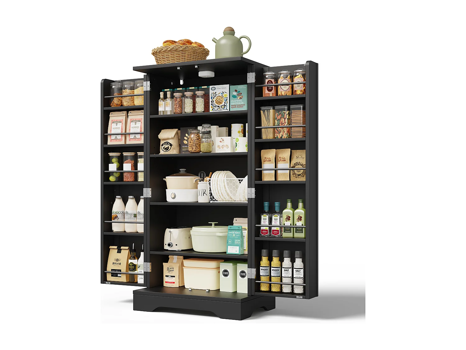 Buffet de cuisine haut - 60 x 40 x 120 cm - avec Leds + 2 portes avec étagères réglables et étagères de porte - MDF - noir