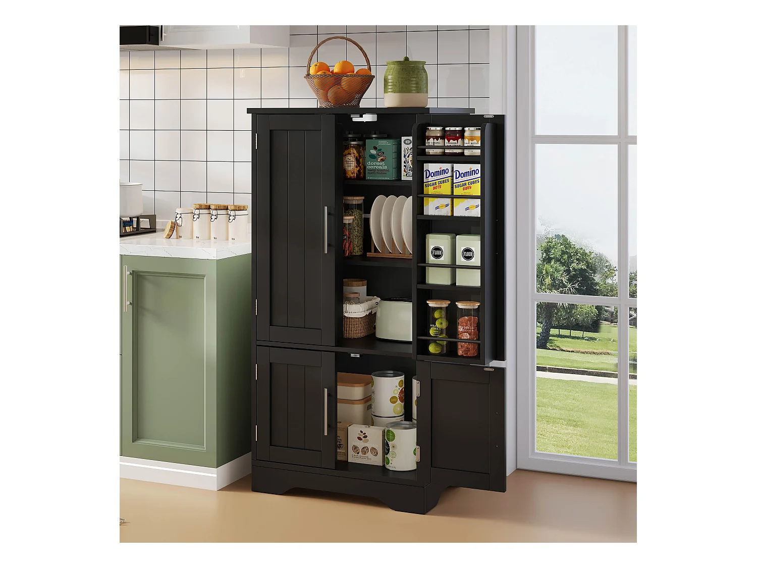 Buffet de cuisine haut - 60 x 40 x 120 cm - avec Leds + 4 portes avec étagères réglables et étagères de porte - MDF - noir