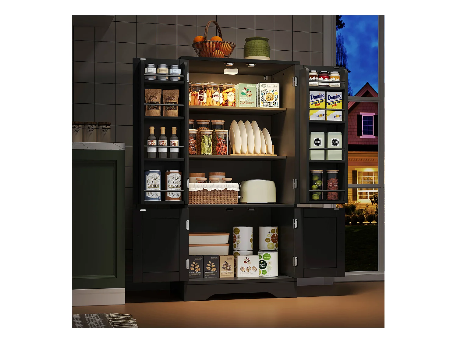 Buffet de cuisine haut - 60 x 40 x 120 cm - avec Leds + 4 portes avec étagères réglables et étagères de porte - MDF - noir