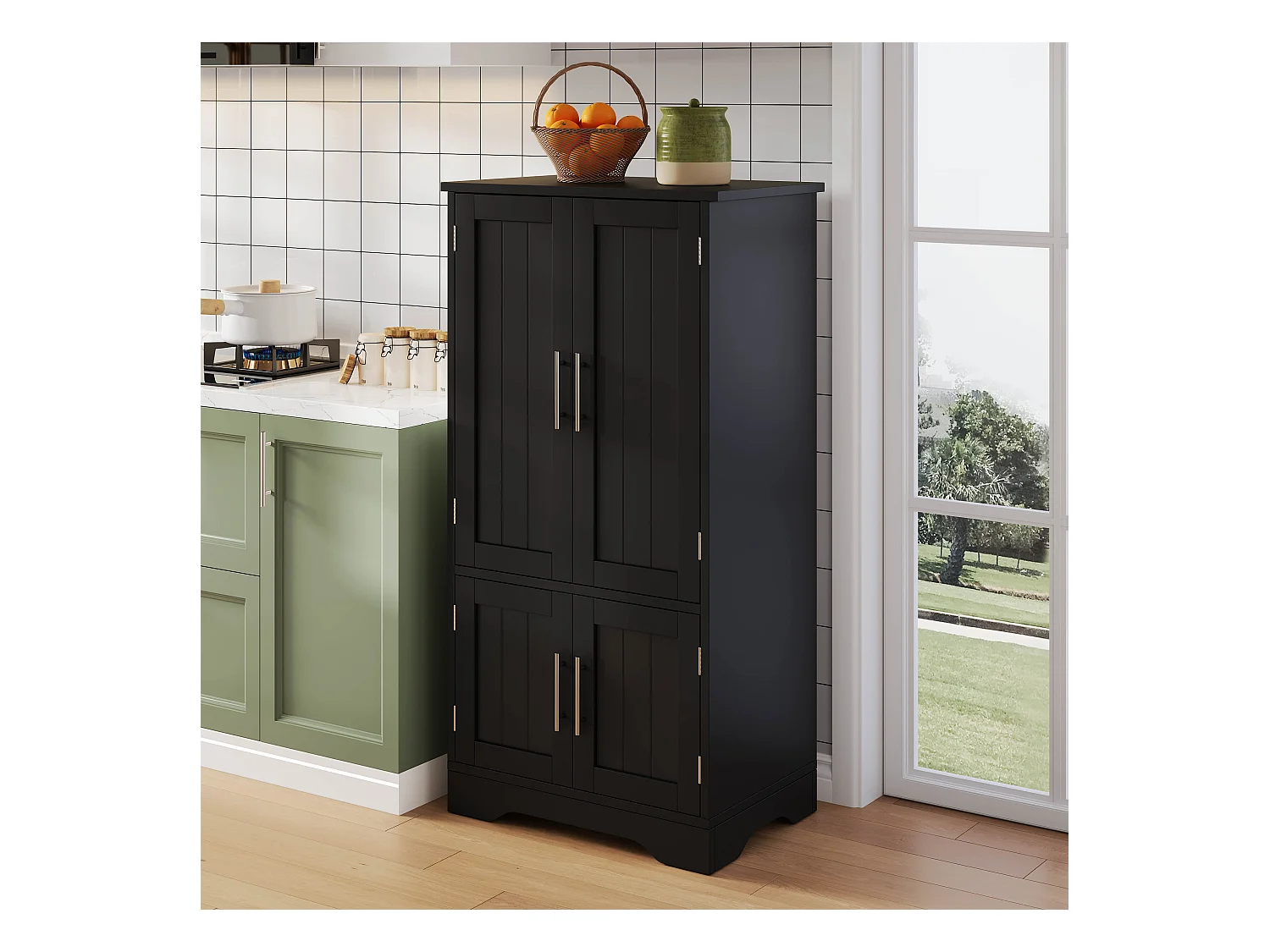 Buffet de cuisine haut - 60 x 40 x 120 cm - avec Leds + 4 portes avec étagères réglables et étagères de porte - MDF - noir