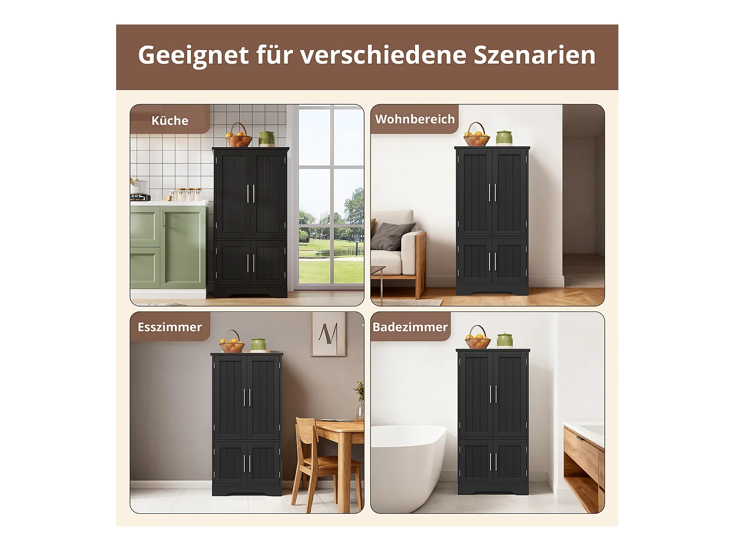 Buffet de cuisine haut - 60 x 40 x 120 cm - avec Leds + 4 portes avec étagères réglables et étagères de porte - MDF - noir