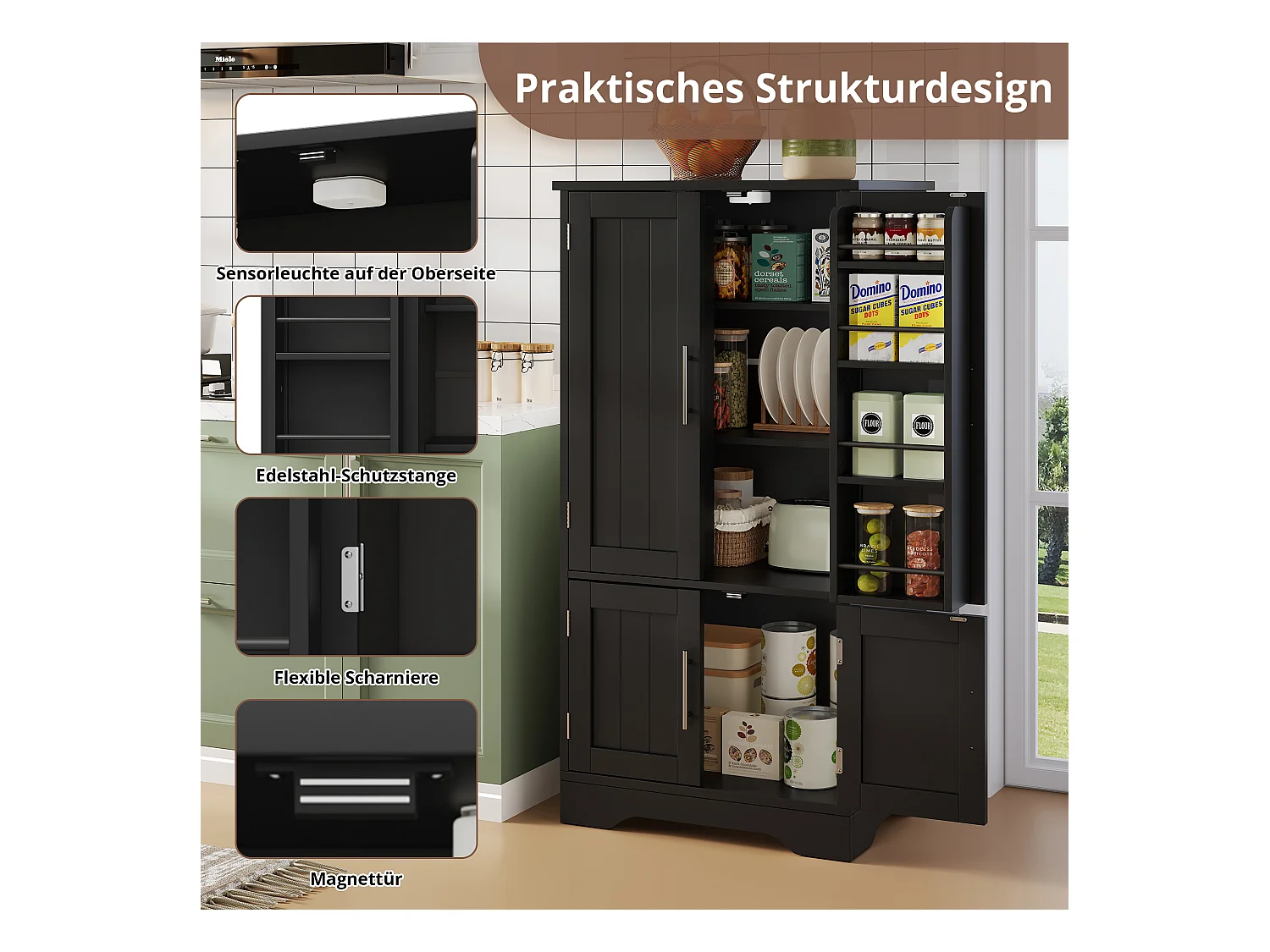 Buffet de cuisine haut - 60 x 40 x 120 cm - avec Leds + 4 portes avec étagères réglables et étagères de porte - MDF - noir