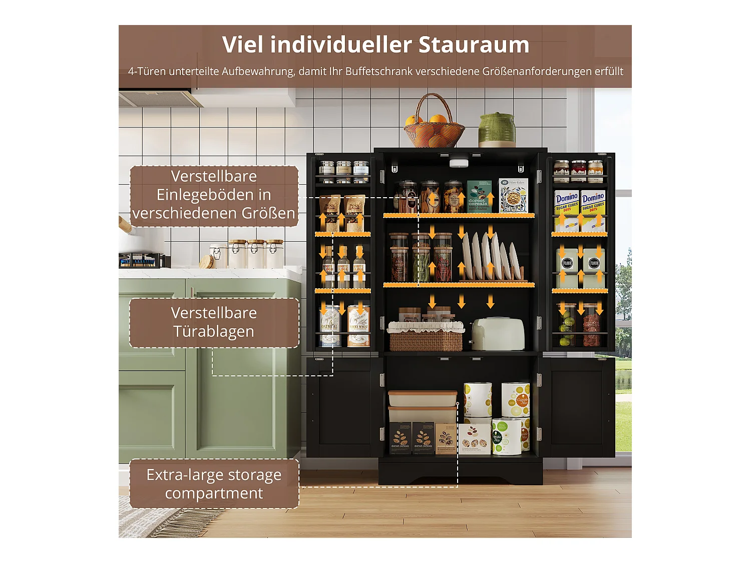 Buffet de cuisine haut - 60 x 40 x 120 cm - avec Leds + 4 portes avec étagères réglables et étagères de porte - MDF - noir