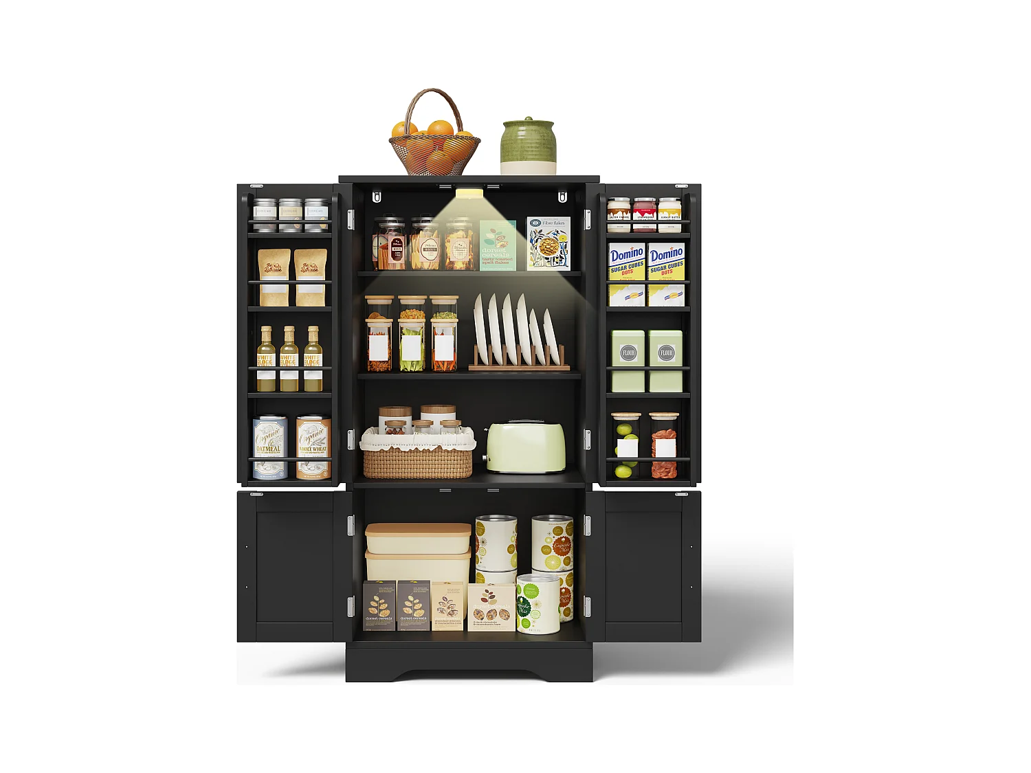 Buffet de cuisine haut - 60 x 40 x 120 cm - avec Leds + 4 portes avec étagères réglables et étagères de porte - MDF - noir