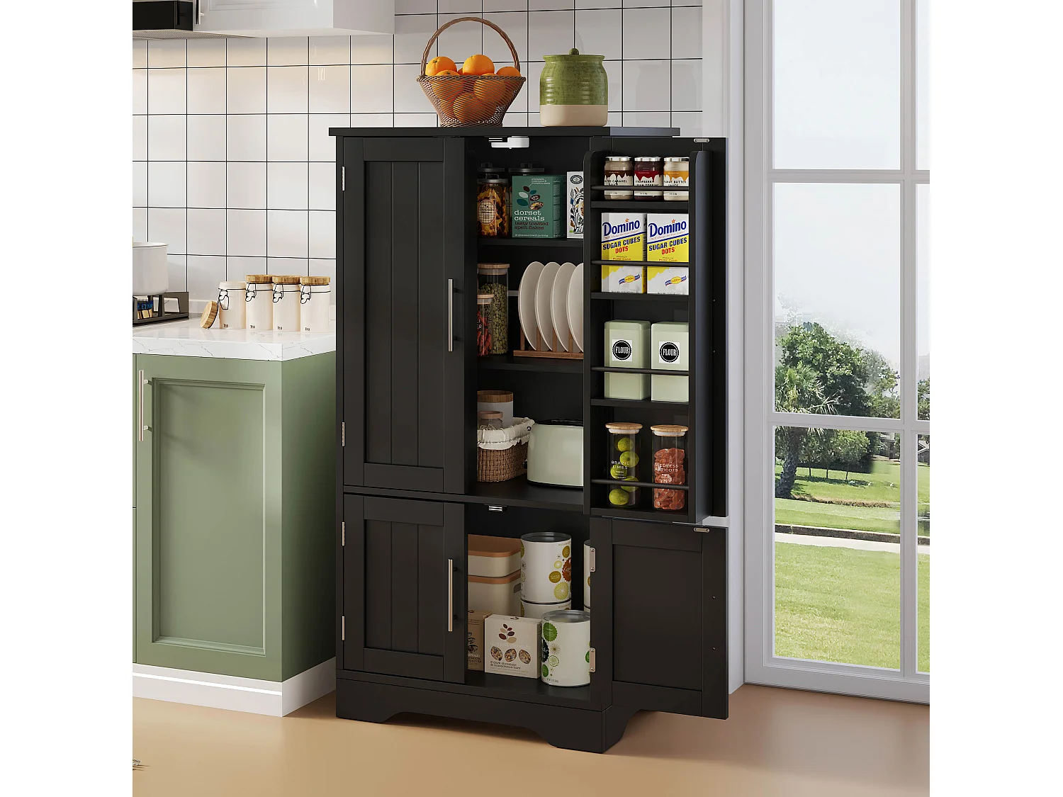 Buffet de cuisine haut - 60 x 40 x 120 cm - avec Leds + 4 portes avec étagères réglables et étagères de porte - MDF - noir