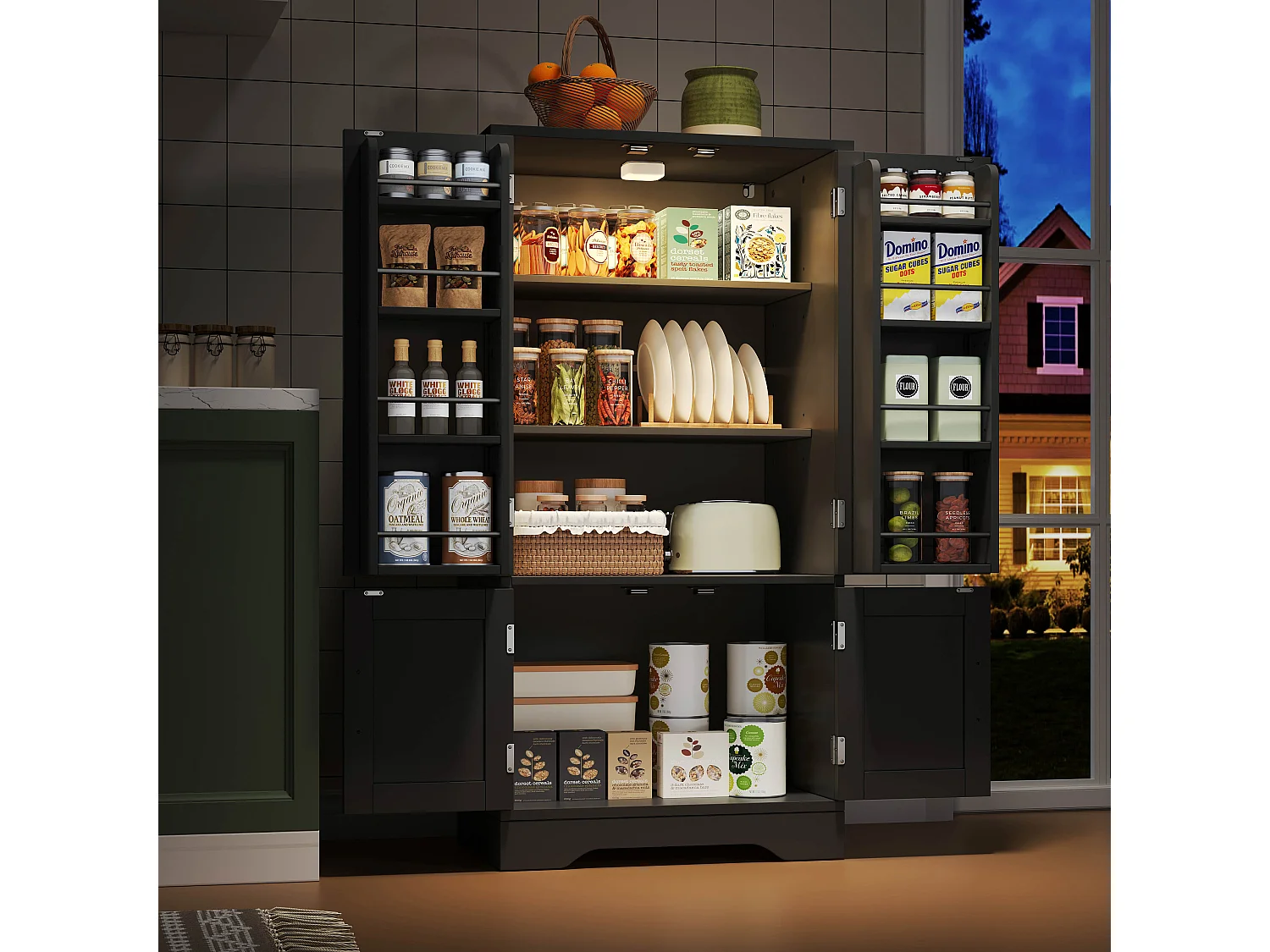 Buffet de cuisine haut - 60 x 40 x 120 cm - avec Leds + 4 portes avec étagères réglables et étagères de porte - MDF - noir