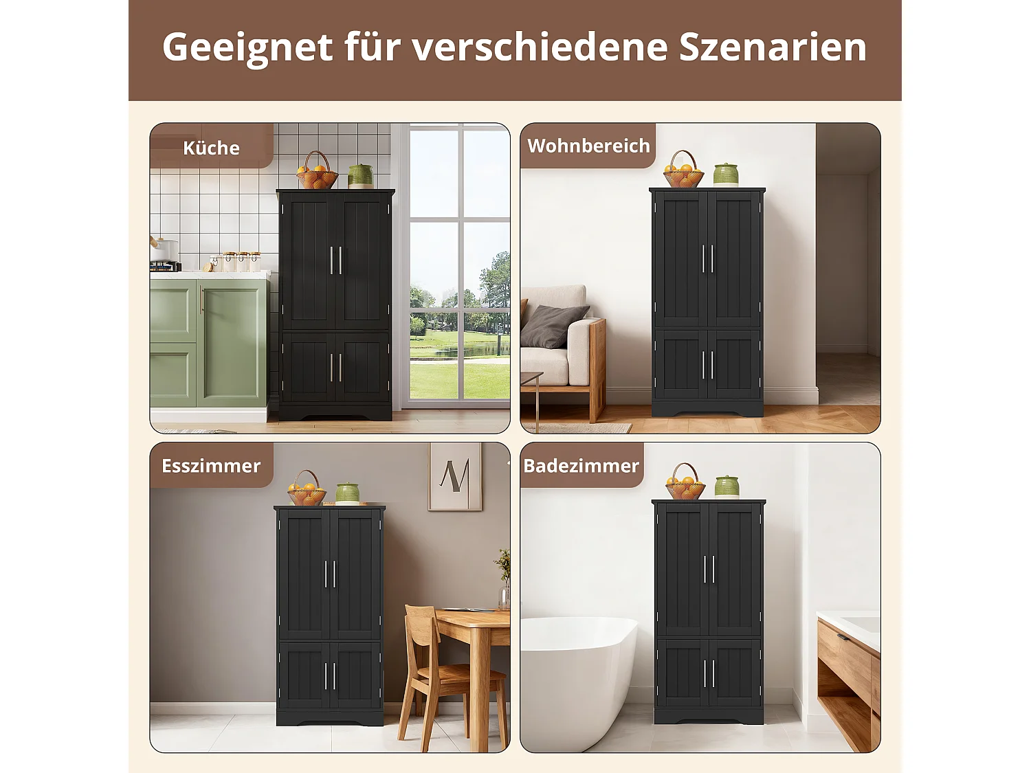 Buffet de cuisine haut - 60 x 40 x 120 cm - avec Leds + 4 portes avec étagères réglables et étagères de porte - MDF - noir