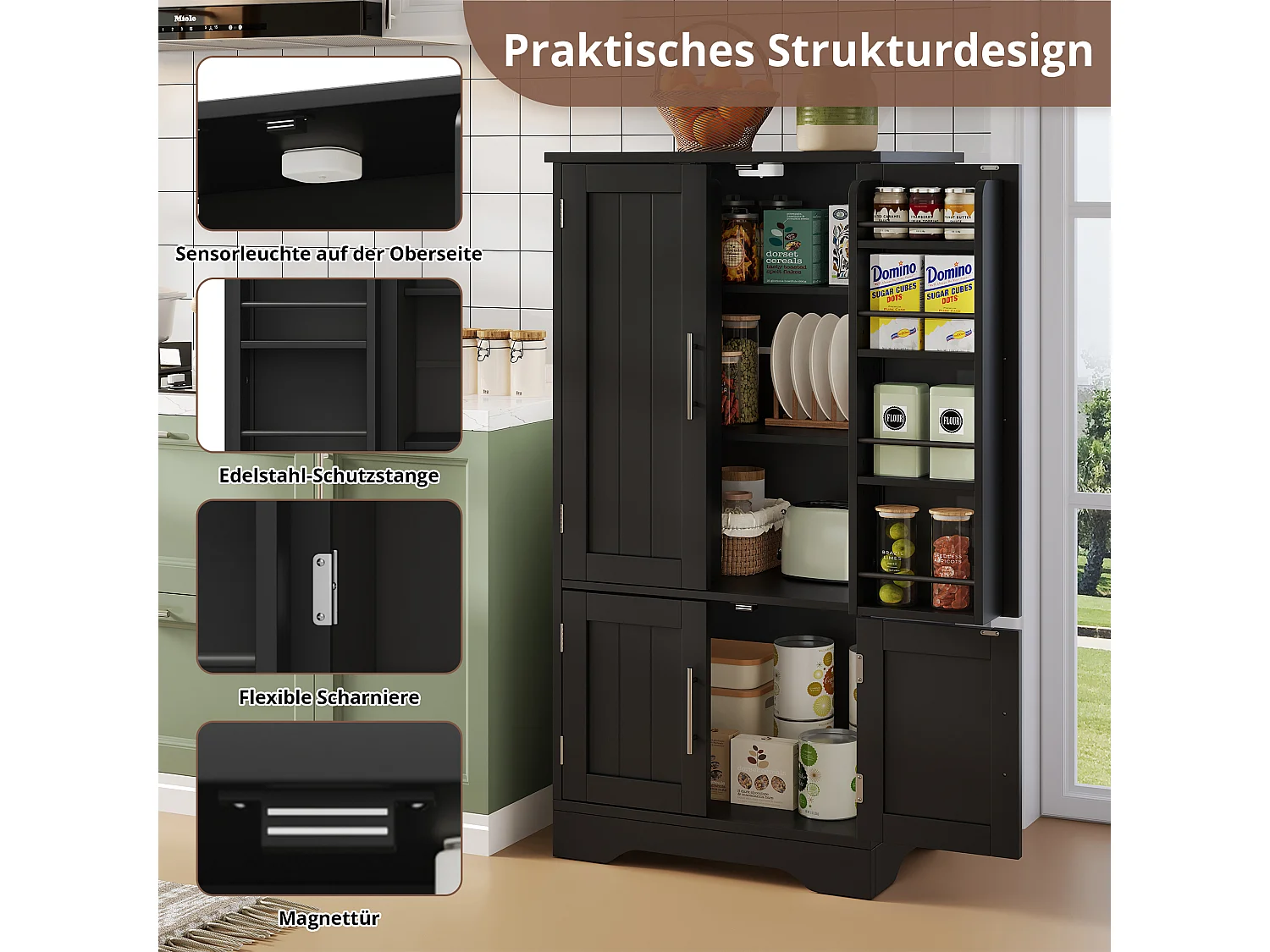 Buffet de cuisine haut - 60 x 40 x 120 cm - avec Leds + 4 portes avec étagères réglables et étagères de porte - MDF - noir