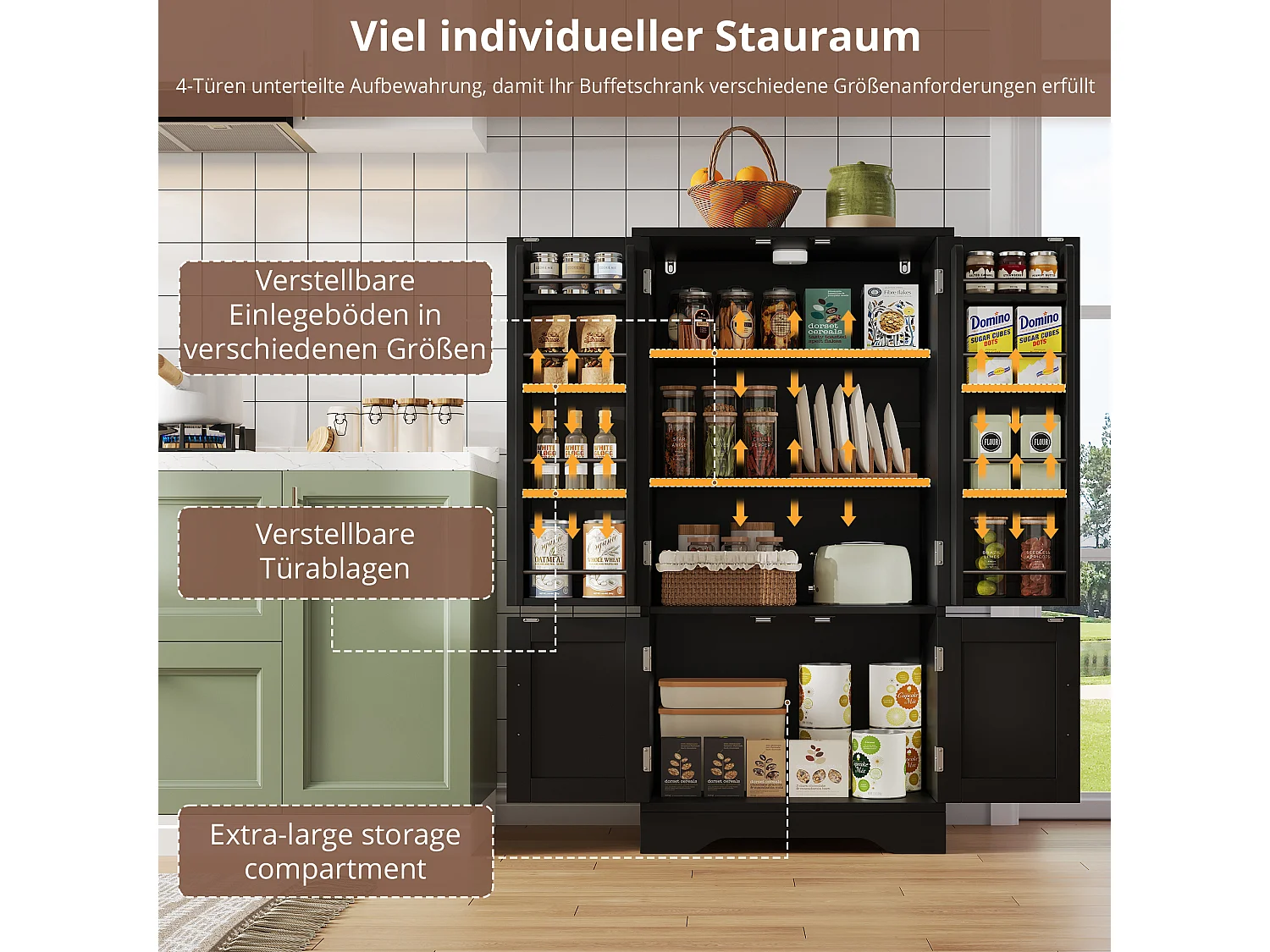 Buffet de cuisine haut - 60 x 40 x 120 cm - avec Leds + 4 portes avec étagères réglables et étagères de porte - MDF - noir