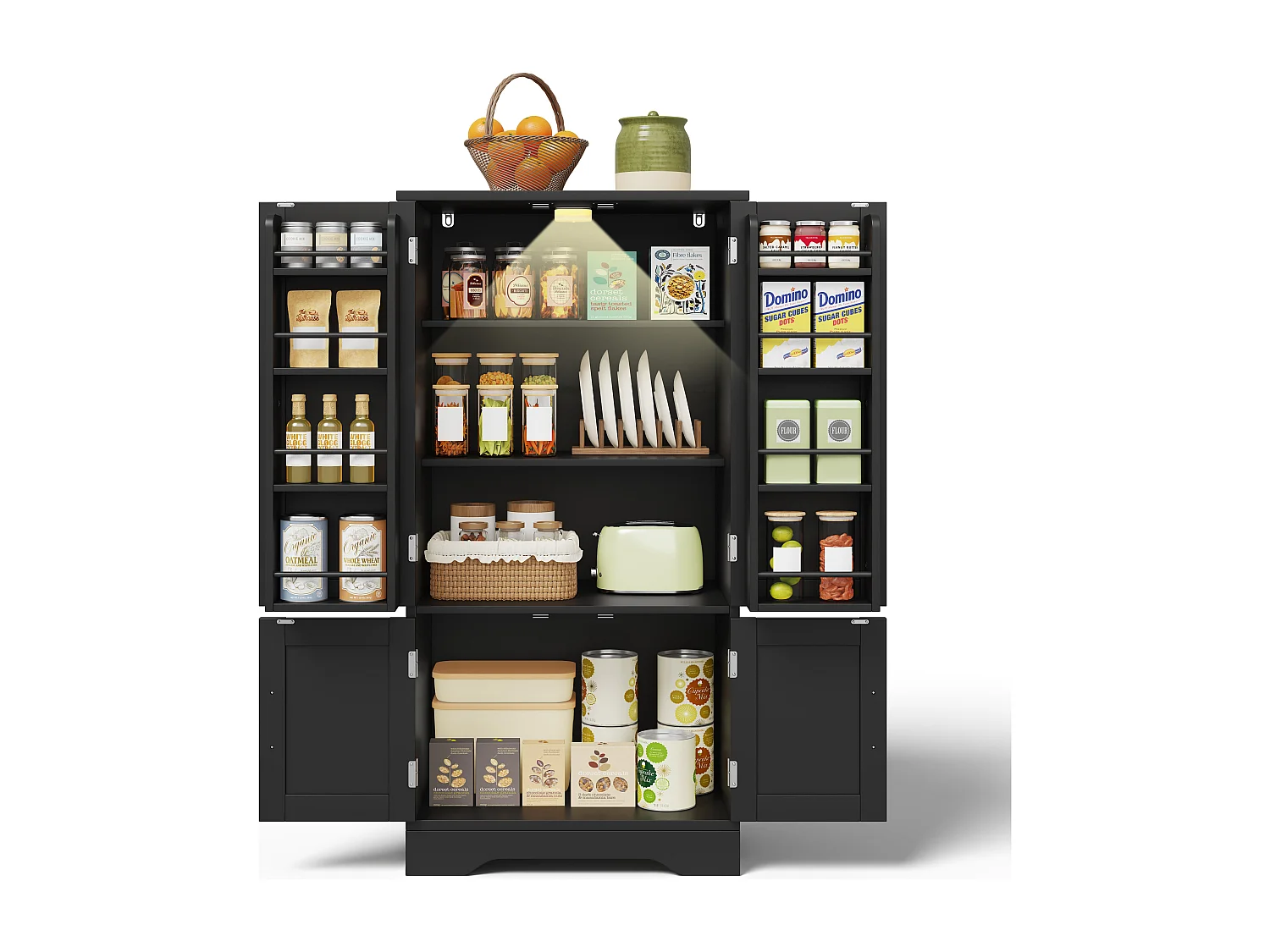 Buffet de cuisine haut - 60 x 40 x 120 cm - avec Leds + 4 portes avec étagères réglables et étagères de porte - MDF - noir