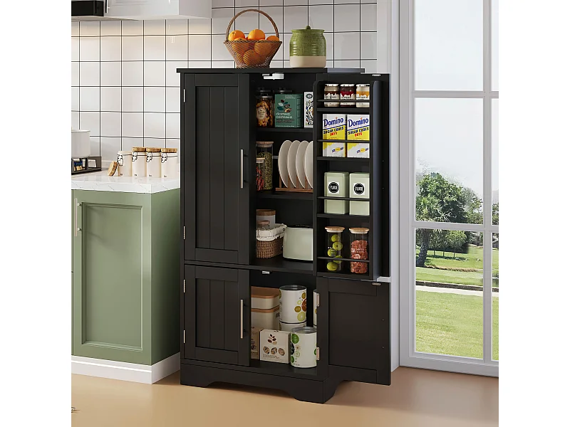 Buffet de cuisine haut - 60 x 40 x 120 cm - avec Leds + 4 portes avec étagères réglables et étagères de porte - MDF - noir