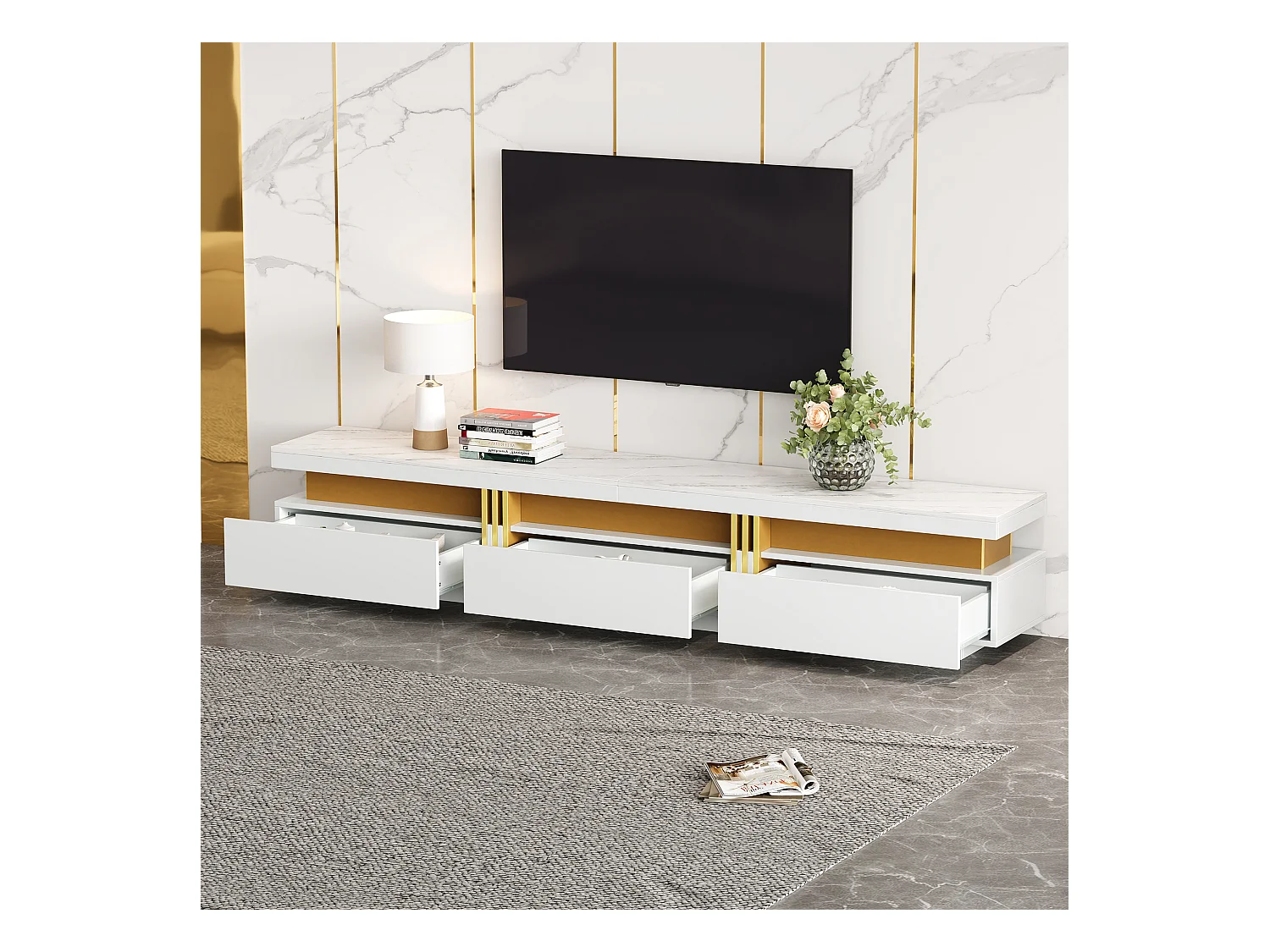 Meuble TV avec 3 tiroirs - 200 x 40 x 42 cm - Panneau de particules - Aspect marbre - Blanc