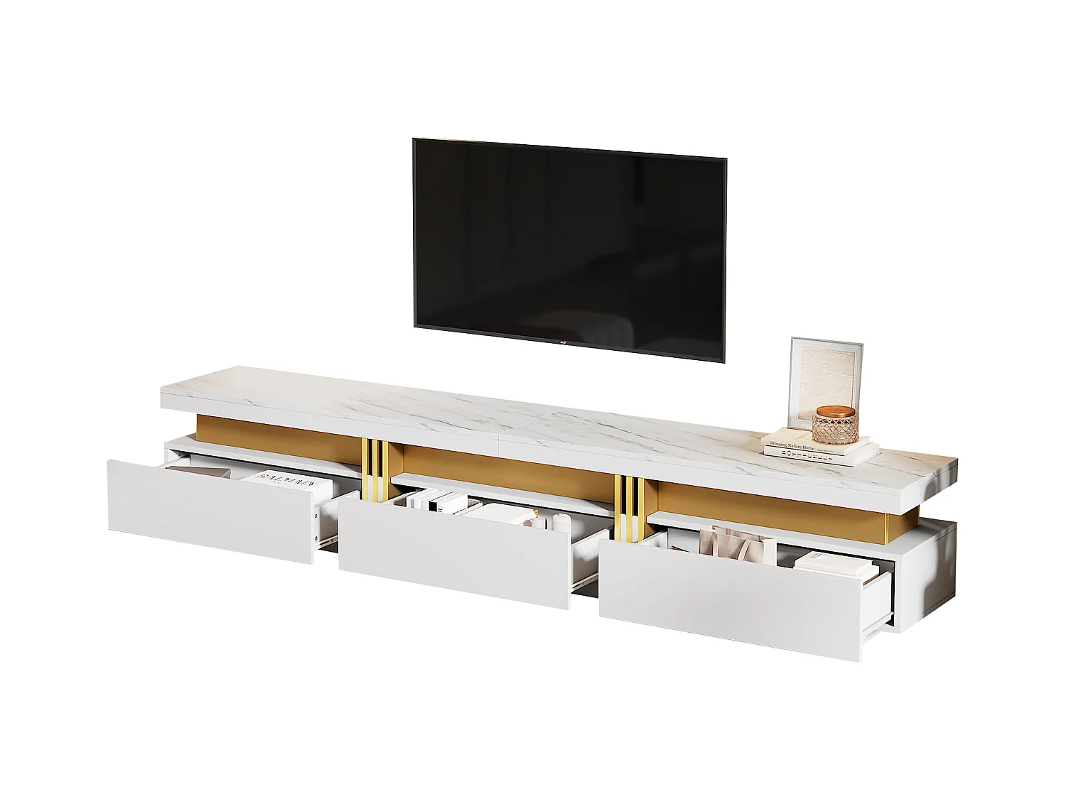 Meuble TV avec 3 tiroirs - 200 x 40 x 42 cm - Panneau de particules - Aspect marbre - Blanc