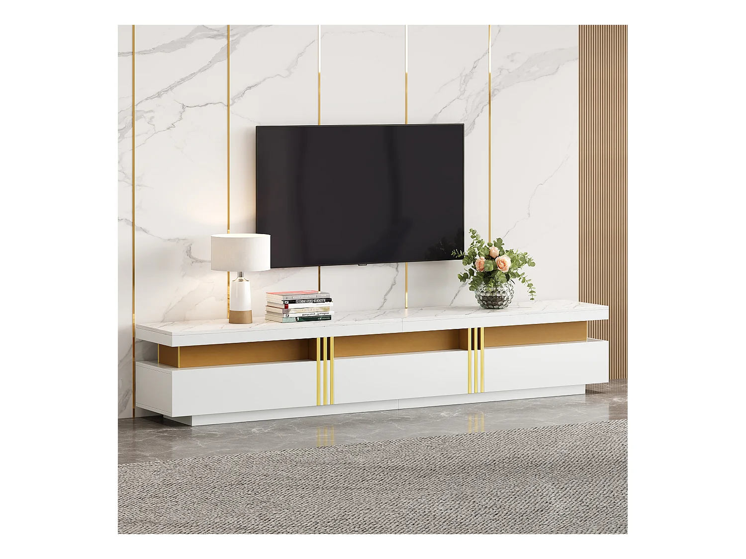 Meuble TV avec 3 tiroirs - 200 x 40 x 42 cm - Panneau de particules - Aspect marbre - Blanc
