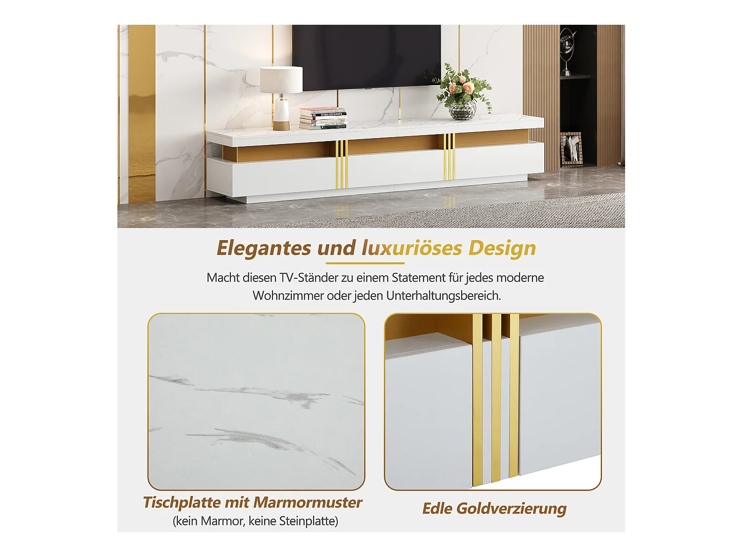 Meuble TV avec 3 tiroirs - 200 x 40 x 42 cm - Panneau de particules - Aspect marbre - Blanc