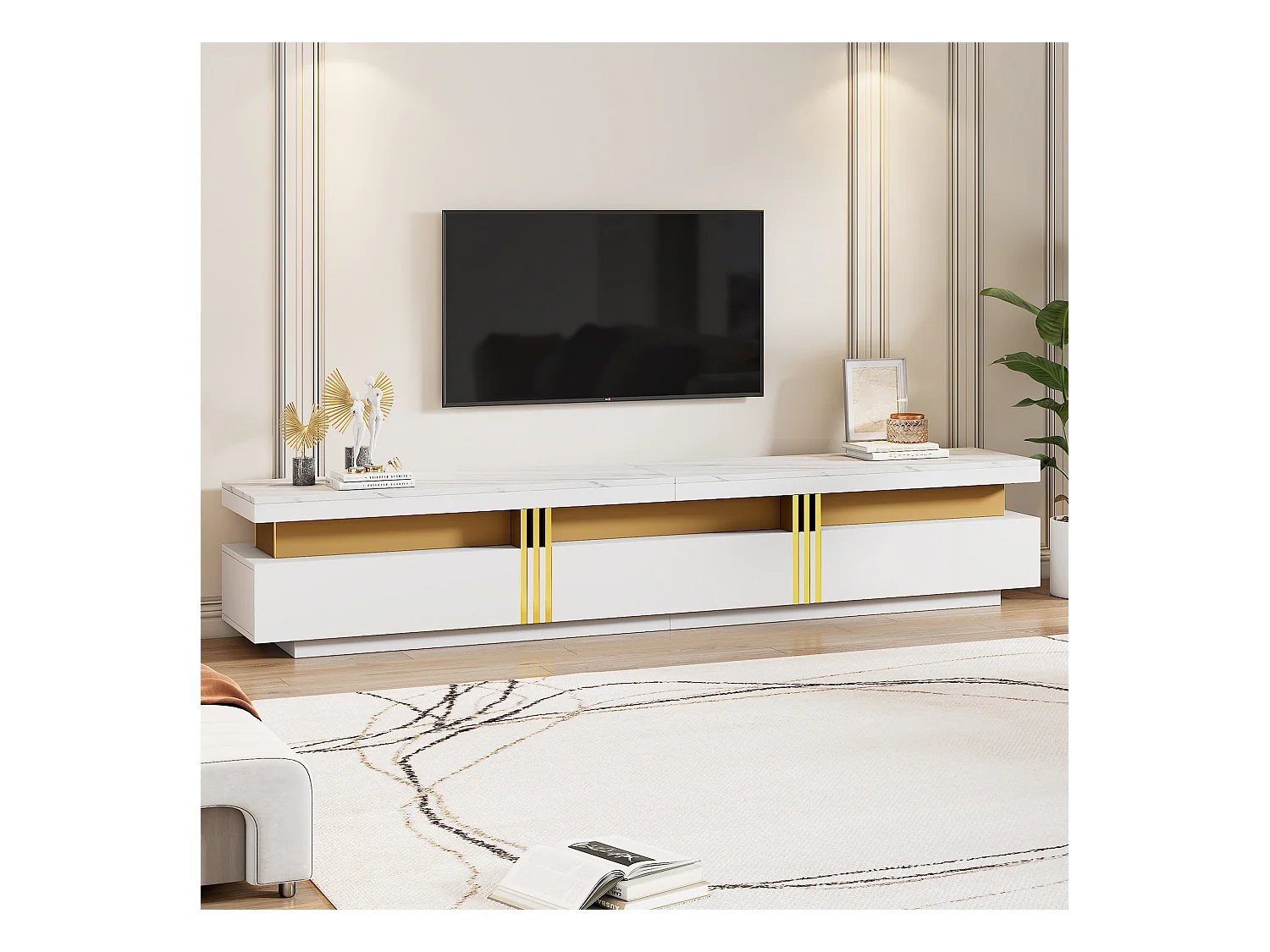Szafka RTV z 3 szufladami - 200 x 40 x 42 cm - Płyta wiórowa - Wygląd marmuru - Kolor biały