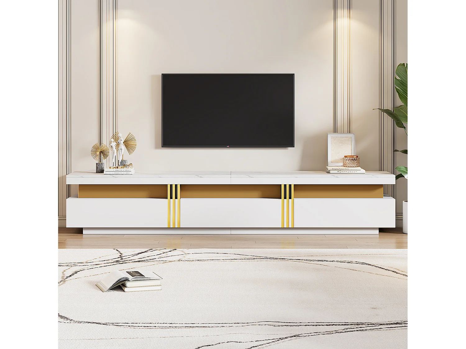Meuble TV avec 3 tiroirs - 200 x 40 x 42 cm - Panneau de particules - Aspect marbre - Blanc