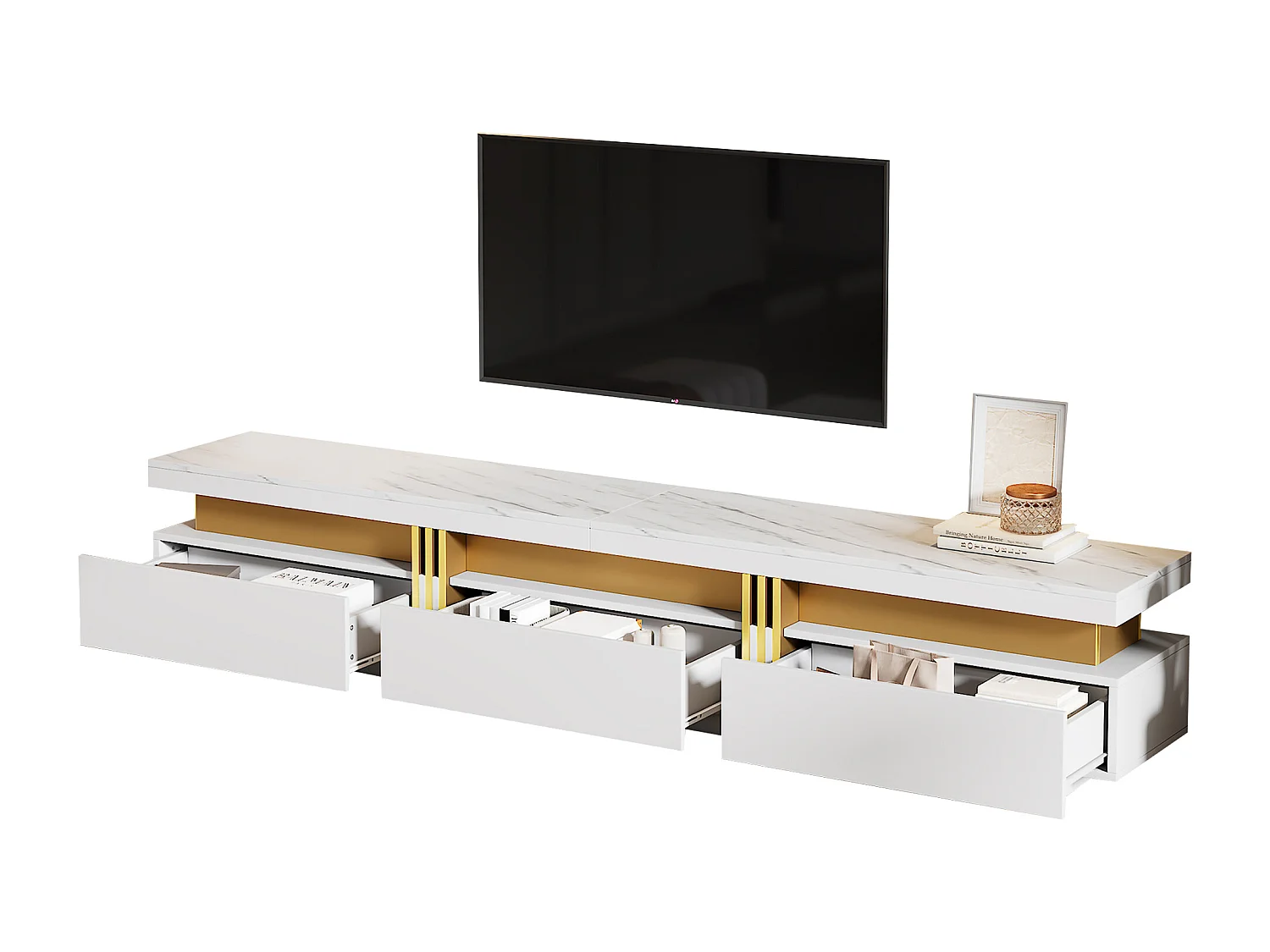 Meuble TV avec 3 tiroirs - 200 x 40 x 42 cm - Panneau de particules - Aspect marbre - Blanc