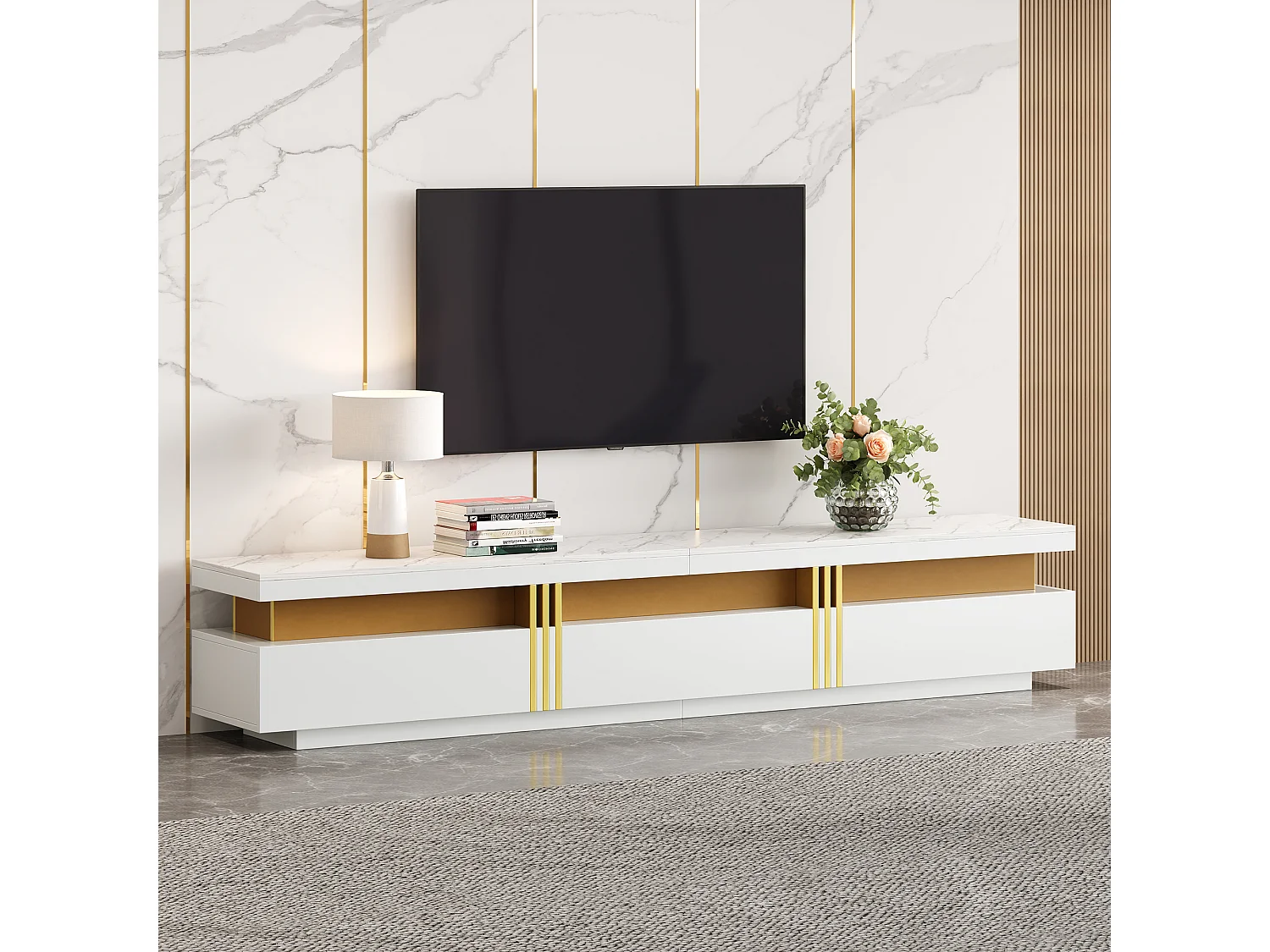 Meuble TV avec 3 tiroirs - 200 x 40 x 42 cm - Panneau de particules - Aspect marbre - Blanc