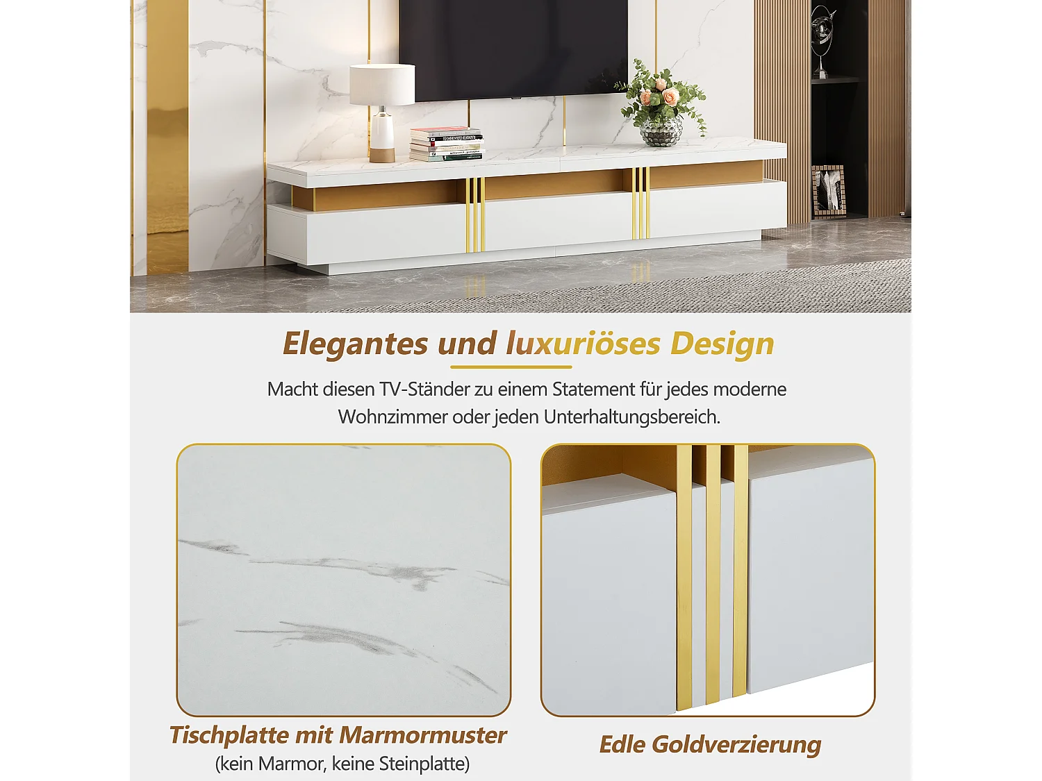 Meuble TV avec 3 tiroirs - 200 x 40 x 42 cm - Panneau de particules - Aspect marbre - Blanc