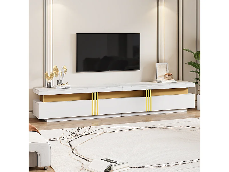Meuble TV avec 3 tiroirs - 200 x 40 x 42 cm - Panneau de particules - Aspect marbre - Blanc