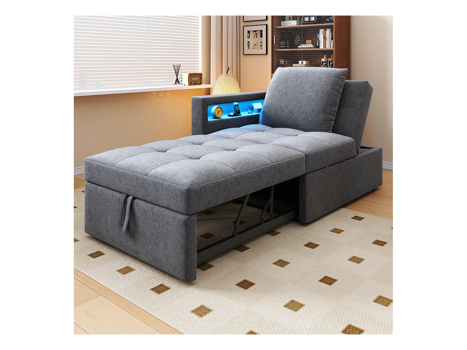 3-in-1 gestoffeerde slaapbank - 177 x 68 x 65 cm - met verstelbare rugleuning + LED's + USB/Type-C-poorten - Linnen - Lichtgrijs