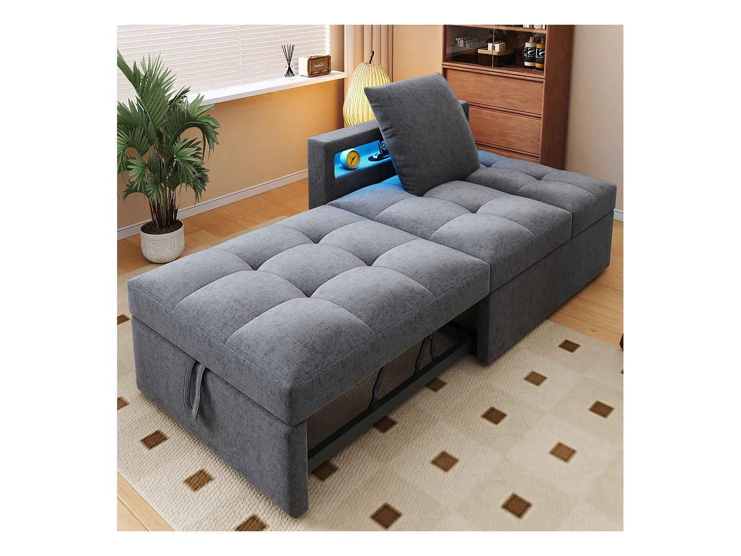 3-in-1 gestoffeerde slaapbank - 177 x 68 x 65 cm - met verstelbare rugleuning + LED's + USB/Type-C-poorten - Linnen - Lichtgrijs