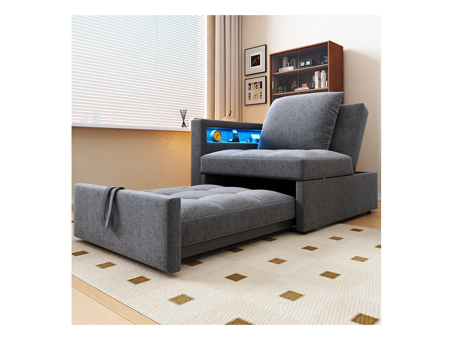 3-in-1 gestoffeerde slaapbank - 177 x 68 x 65 cm - met verstelbare rugleuning + LED's + USB/Type-C-poorten - Linnen - Lichtgrijs