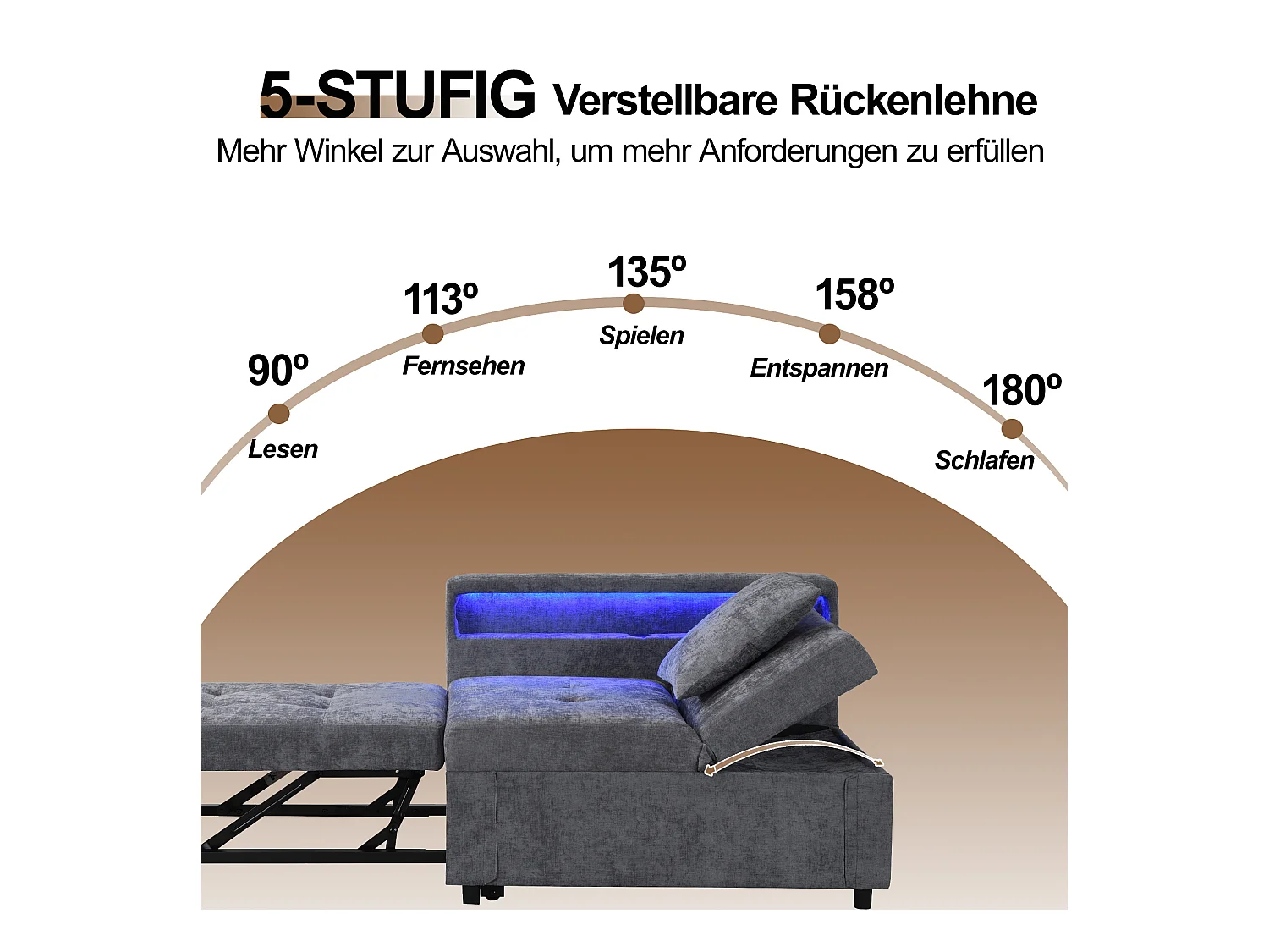 3-in-1 gestoffeerde slaapbank - 177 x 68 x 65 cm - met verstelbare rugleuning + LED's + USB/Type-C-poorten - Linnen - Lichtgrijs