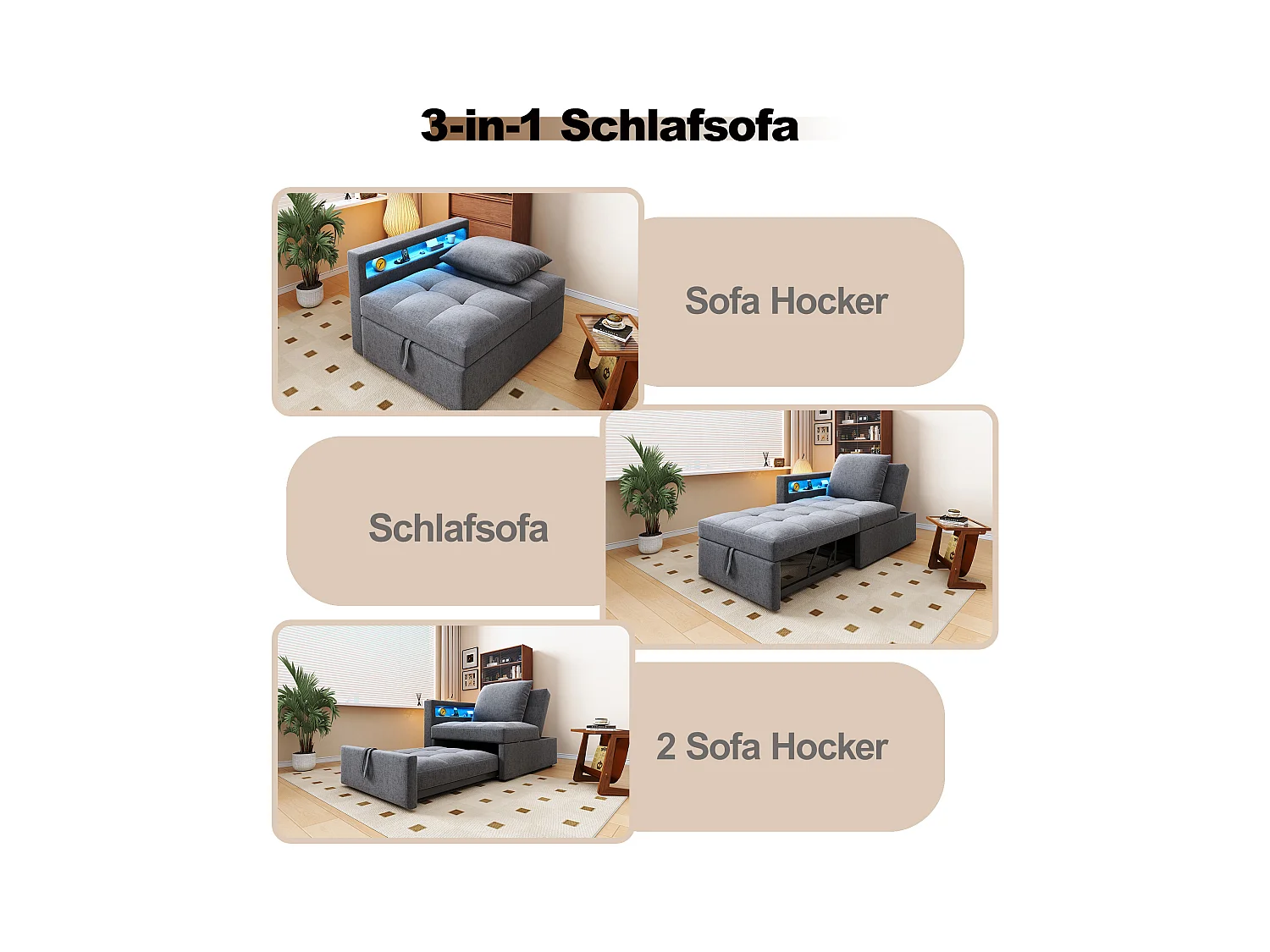 3-in-1 gestoffeerde slaapbank - 177 x 68 x 65 cm - met verstelbare rugleuning + LED's + USB/Type-C-poorten - Linnen - Lichtgrijs