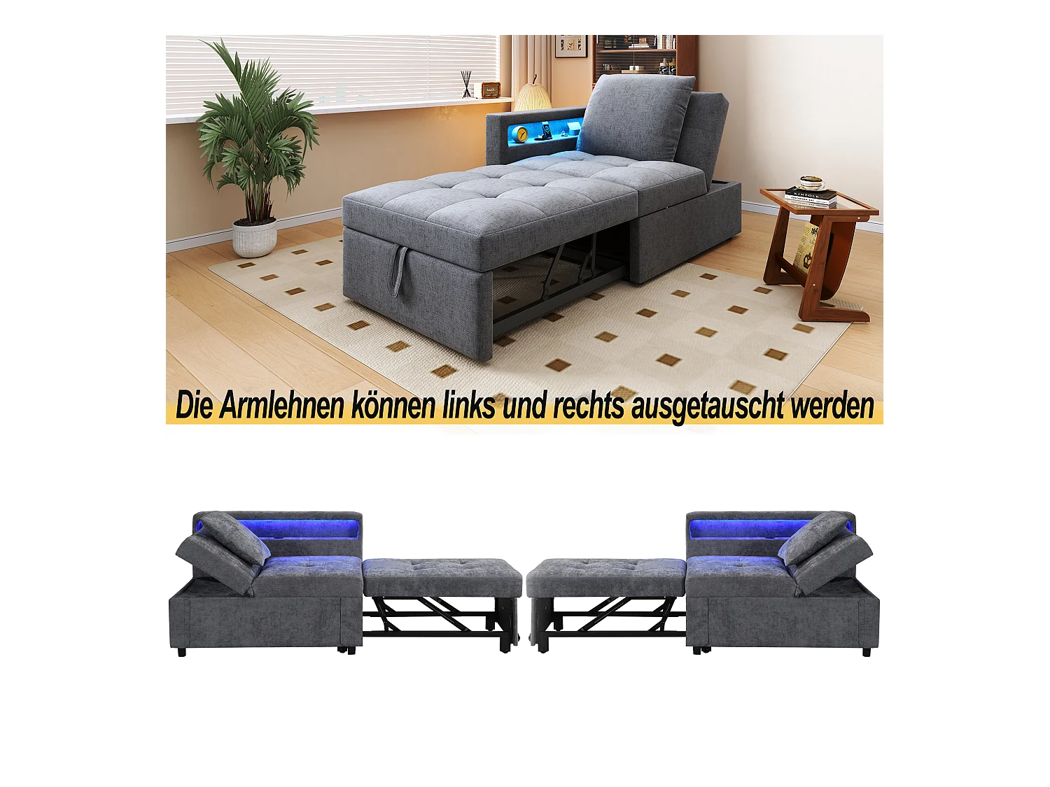 3-in-1 gestoffeerde slaapbank - 177 x 68 x 65 cm - met verstelbare rugleuning + LED's + USB/Type-C-poorten - Linnen - Lichtgrijs