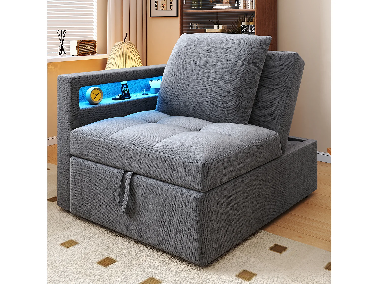 Divano letto imbottito 3 in 1 - 177 x 68 x 65 cm - con schienale regolabile + LED + porte USB/Type-C - Lino - Grigio chiaro