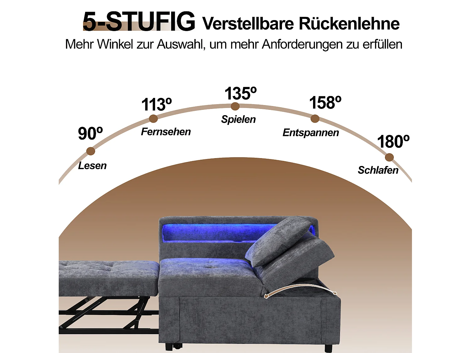 Divano letto imbottito 3 in 1 - 177 x 68 x 65 cm - con schienale regolabile + LED + porte USB/Type-C - Lino - Grigio chiaro
