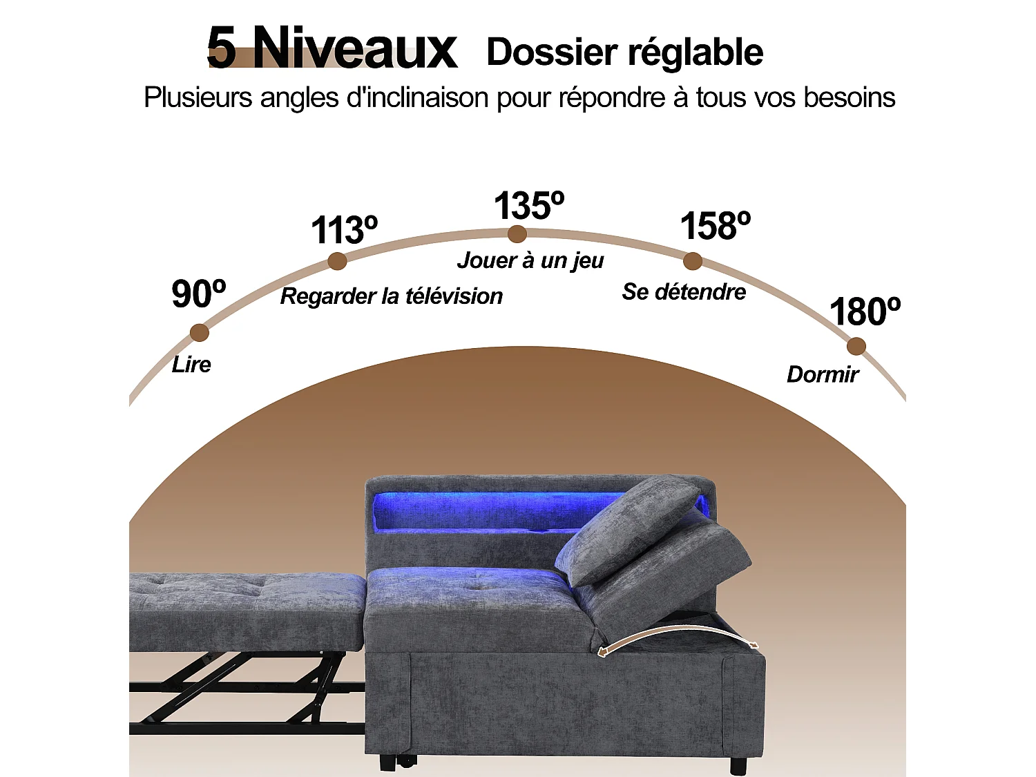 Divano letto imbottito 3 in 1 - 177 x 68 x 65 cm - con schienale regolabile + LED + porte USB/Type-C - Lino - Grigio chiaro