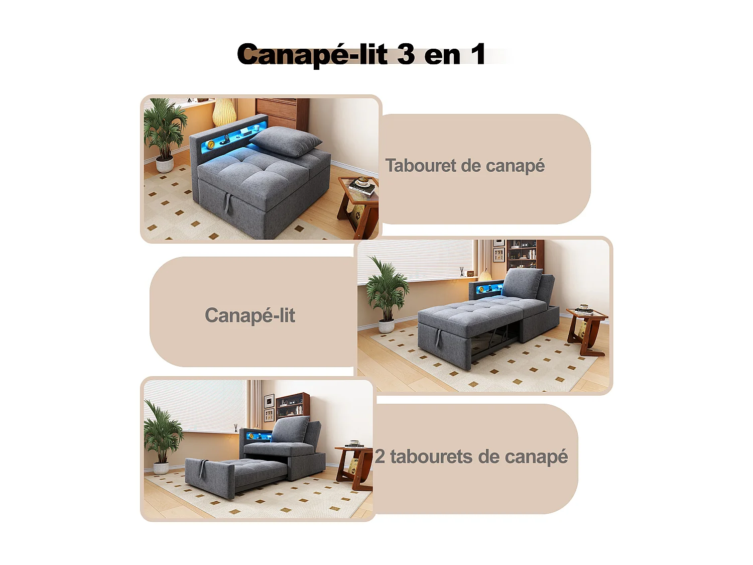 Divano letto imbottito 3 in 1 - 177 x 68 x 65 cm - con schienale regolabile + LED + porte USB/Type-C - Lino - Grigio chiaro